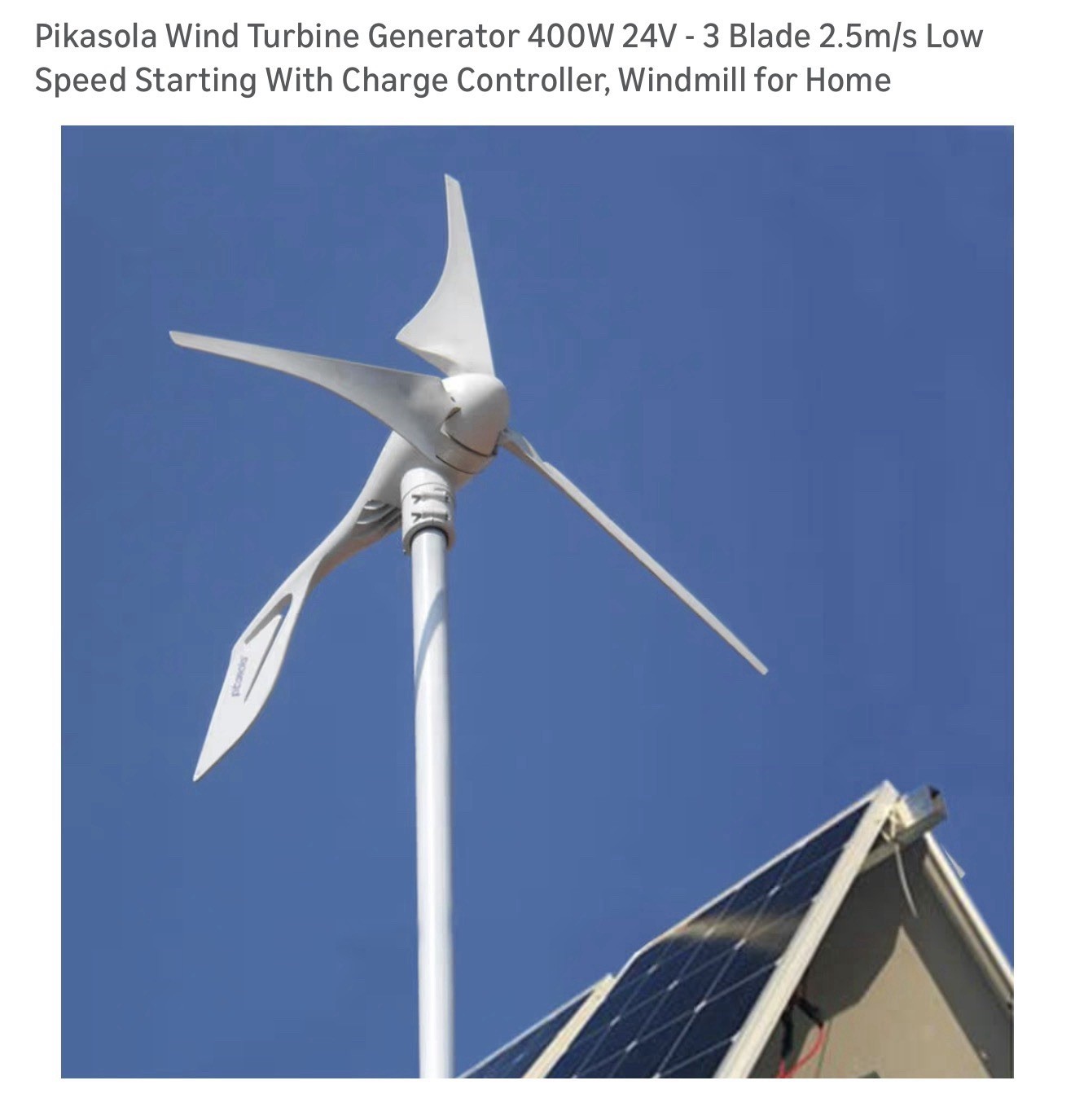 Pikasola Wind Turbine Power Generator 400W 24V – 3 Blade With Charge Controller