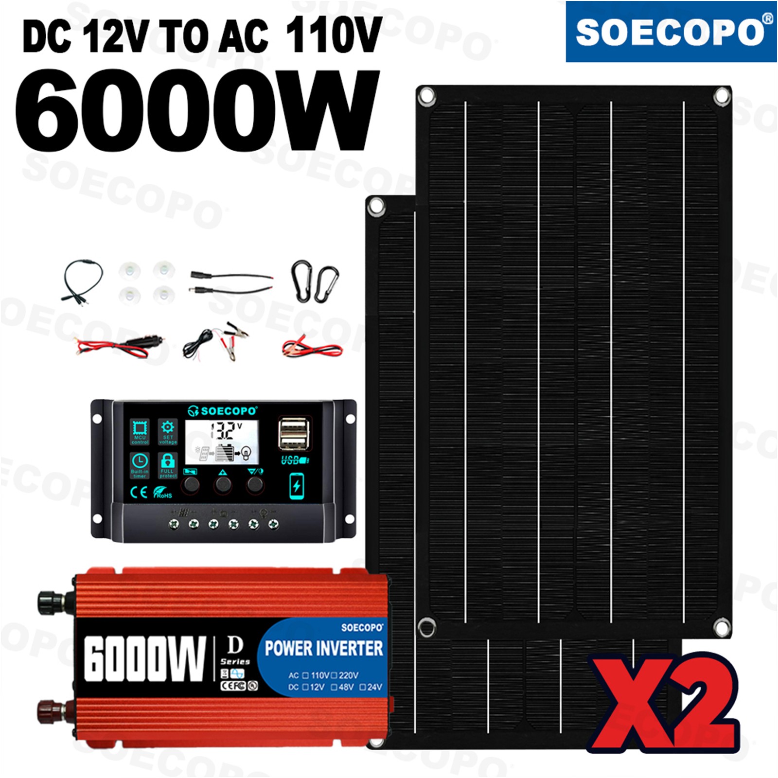 6000W Solar Kit DC12V-AC 110V/220V Inverter + 2pcs Solar Panels+ 100A Controller