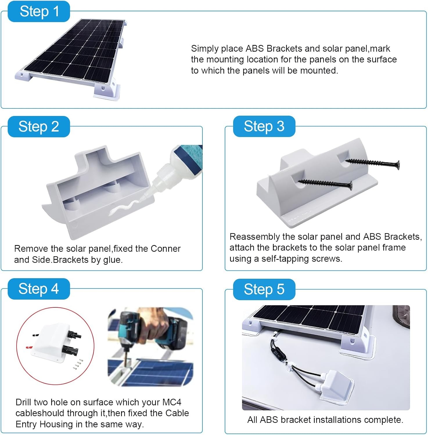 2-Pack White PC No-Drill Solar Panel Corner Mounting Brackets, RV Boat Van Roof