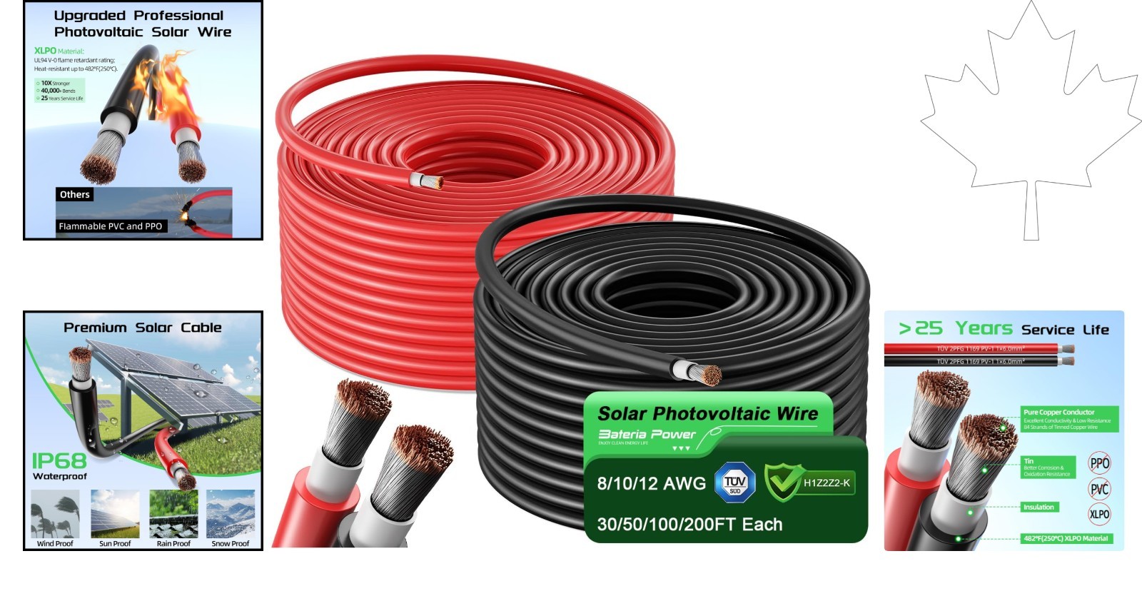 Dual Color 50Ft 10AWG Solar Cable: UV Resistant Tinned Copper for Marine Use