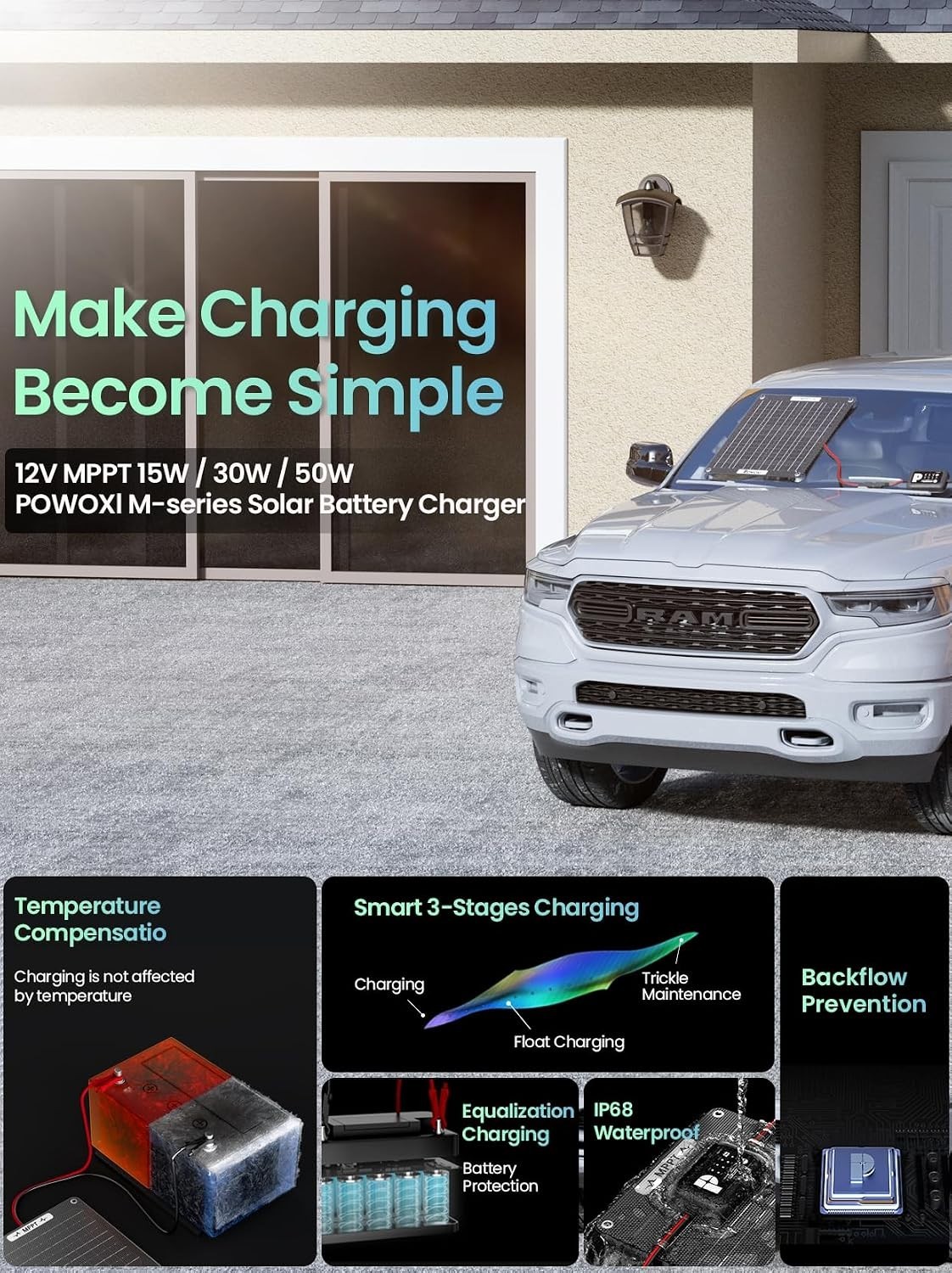 12V Solar Charger with Built-in MPPT & Hands-Free Maintenance – 30W Power