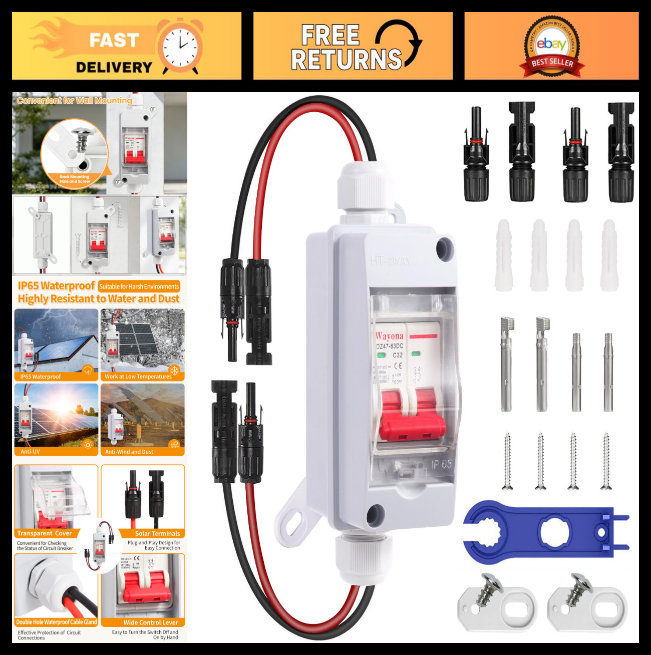 Solar Panel Disconnect Switch 32A DC 500V Waterproof Circuit Breaker Box Outdoor