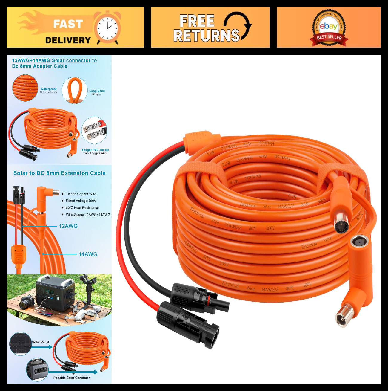 35FT Solar Connector to DC 8mm Extension Cable, 14/12AWG Heavy Duty Adapter for