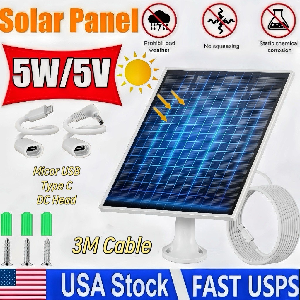 Solar Panel for Security Camera, 5V Solar Charger with Micro USB & Type-C Port