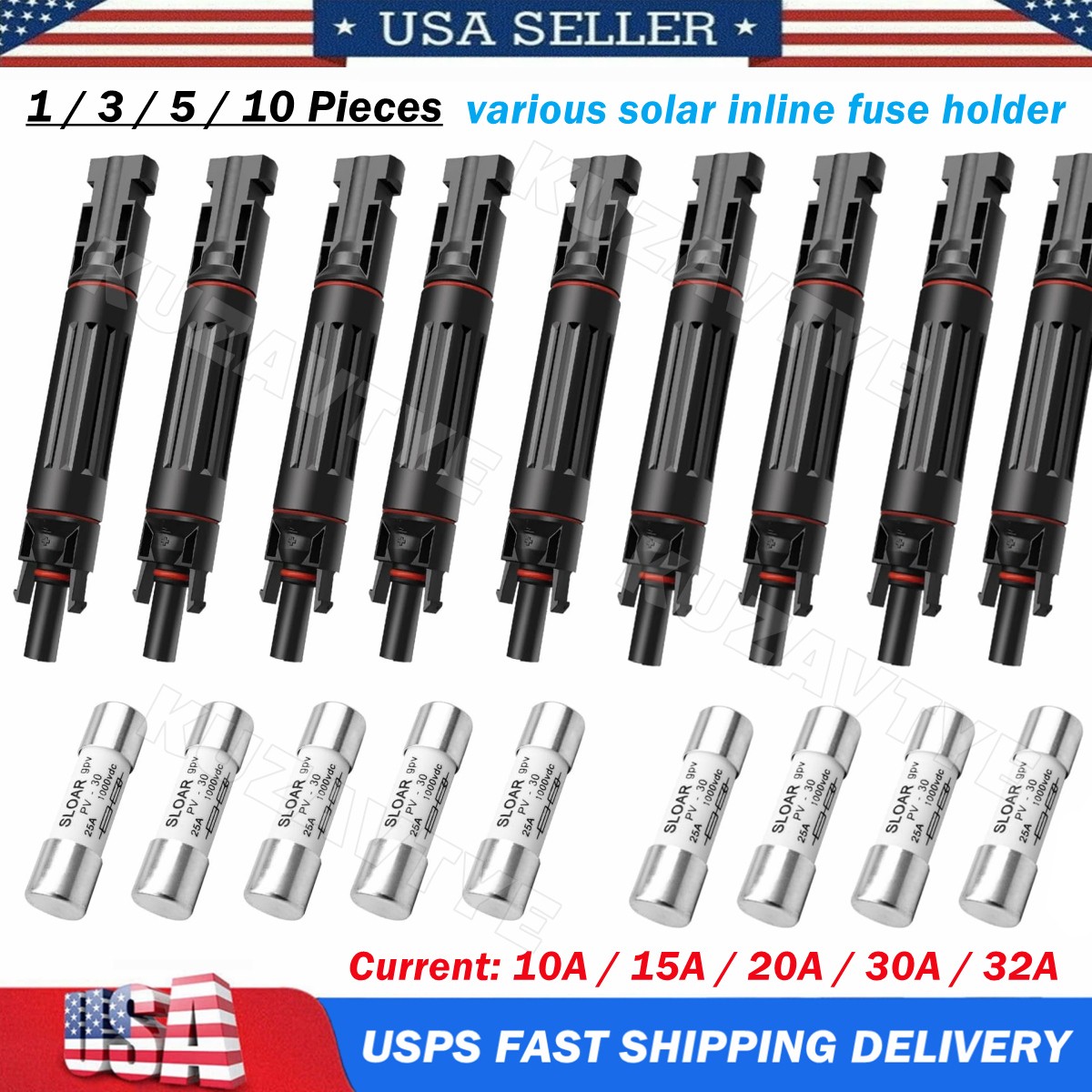 1~10 Pieces 10A 15A 20A 30A 32A Solar Fuse Holder Connectors with Fuses 1000V DC