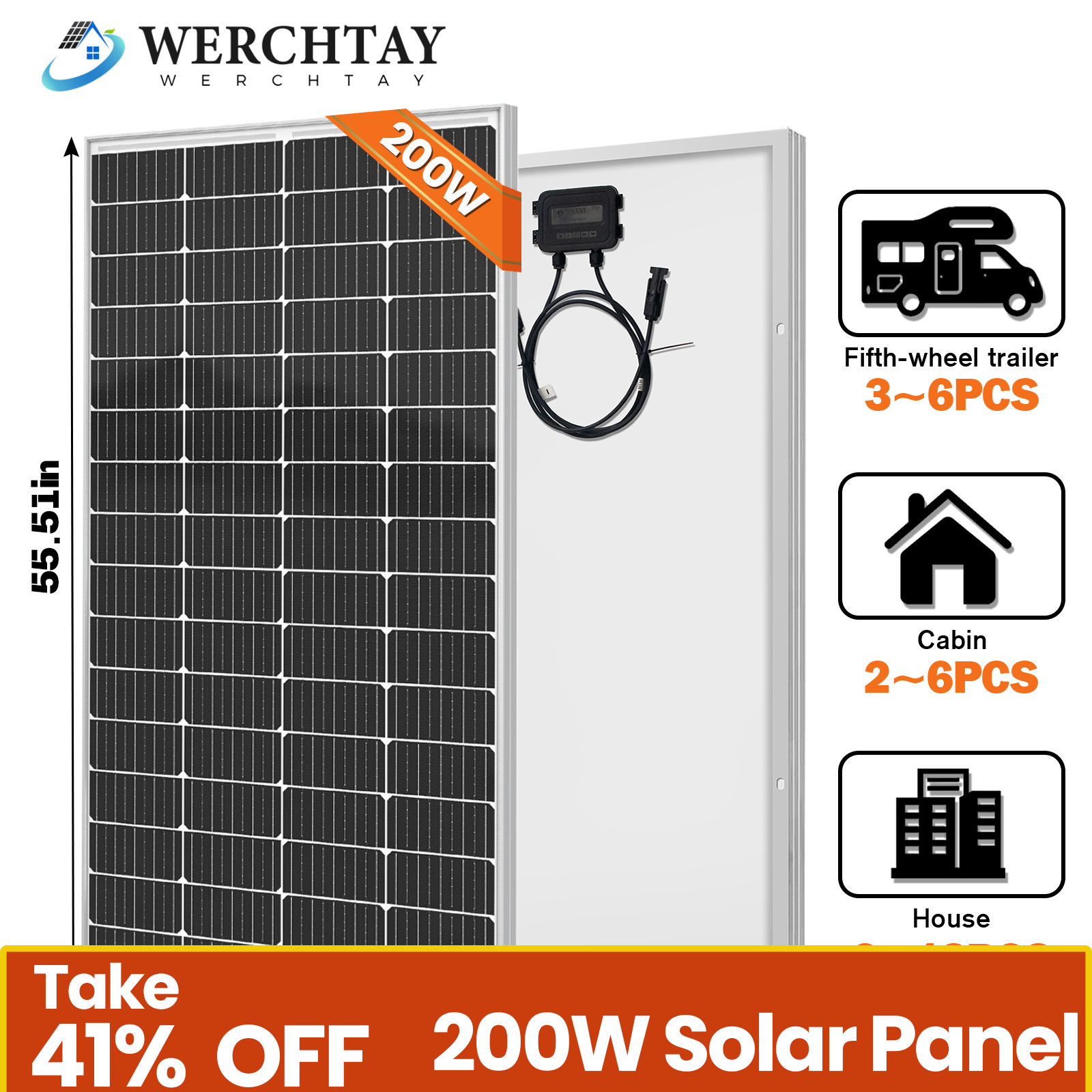 200W 12V Monocrystalline Solar Panel Home RV Power Off Grid PV Camping Caravan