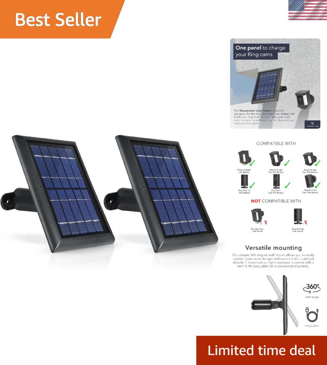 High-Efficiency Solar Panel 2-Pack for Ring Cameras – Continuous Power Source