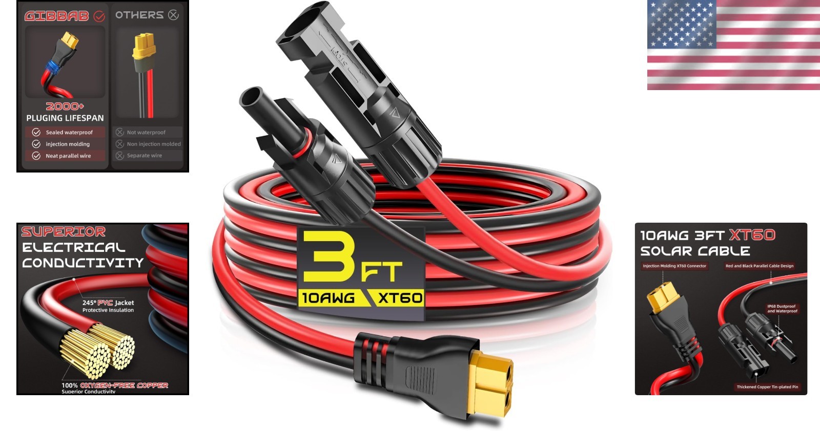 Durable 3FT 10AWG XT60 Solar Panel Extension Cable – Fast Charge & Waterproof