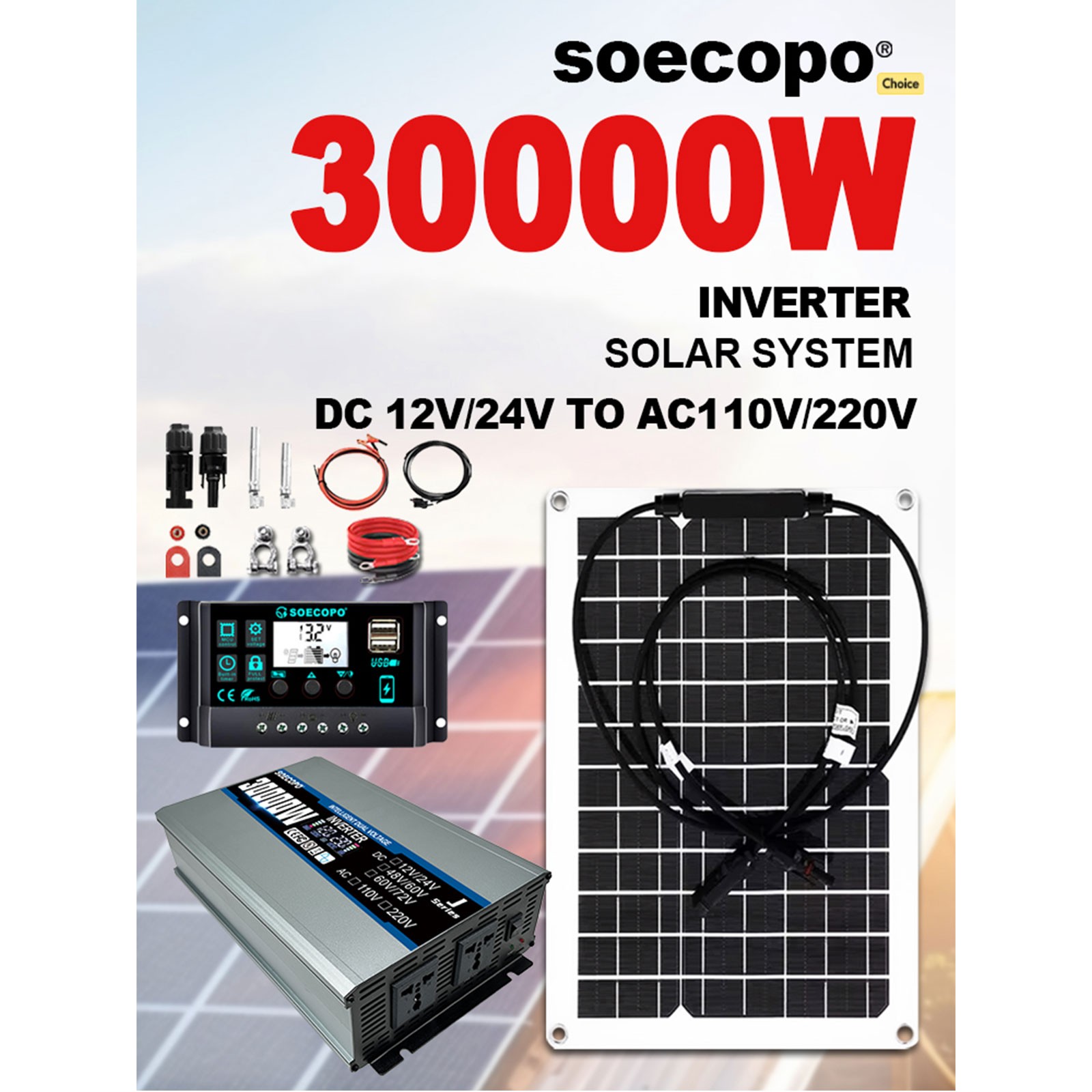 30000W Peak Solar System Kit Flexible Panel DC 12V/24V To AC 110V/220V