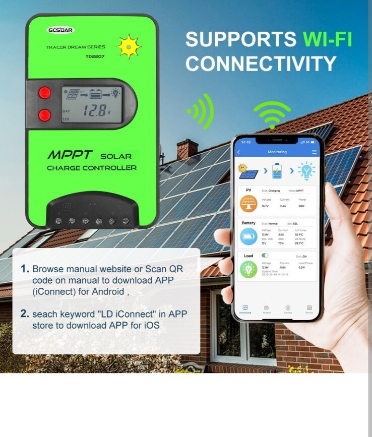 20A MPPT Solar Charge Controller 12V/24V Automatic Maximum PV 75V TD2207-BT