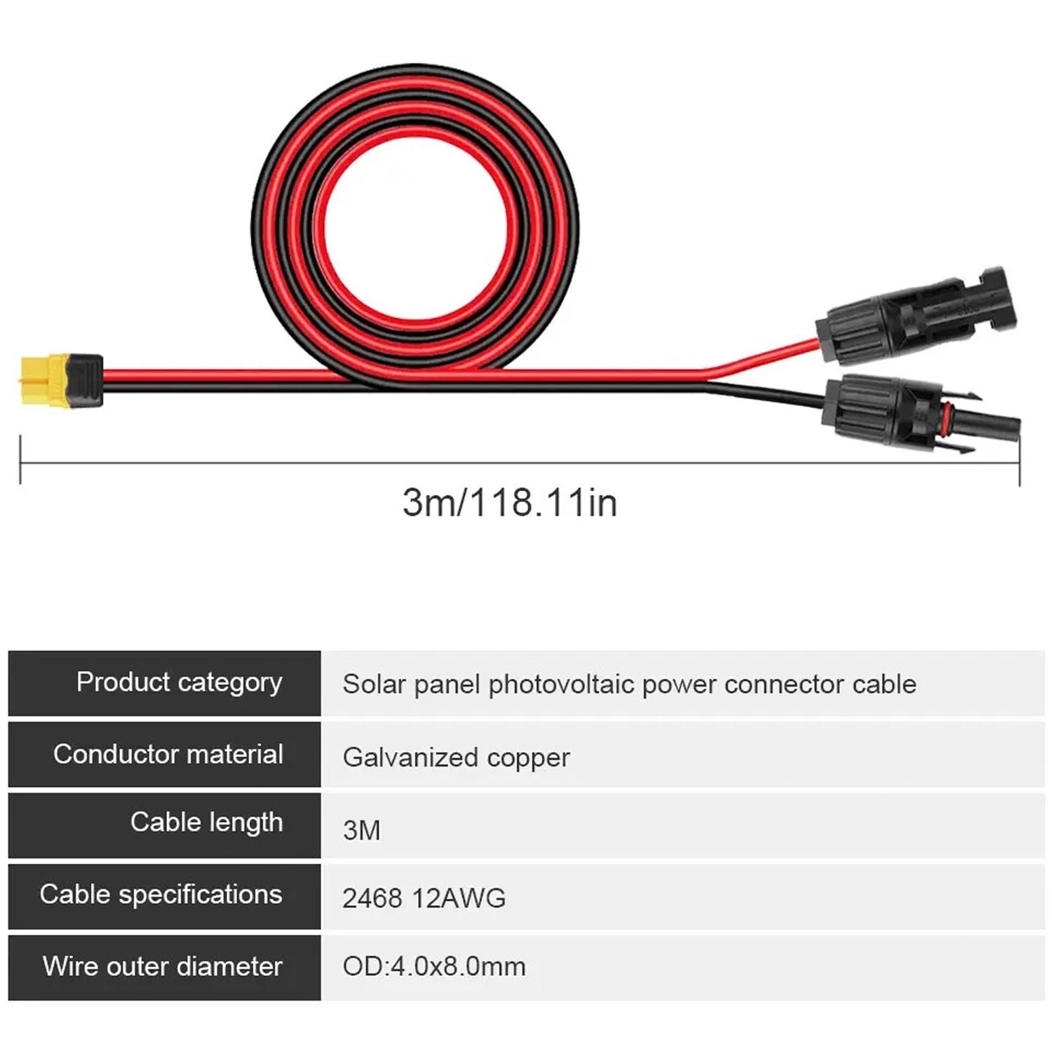 Extension Cable 12AWG solar panel wire red black cable 10ft/3m solar panel cord
