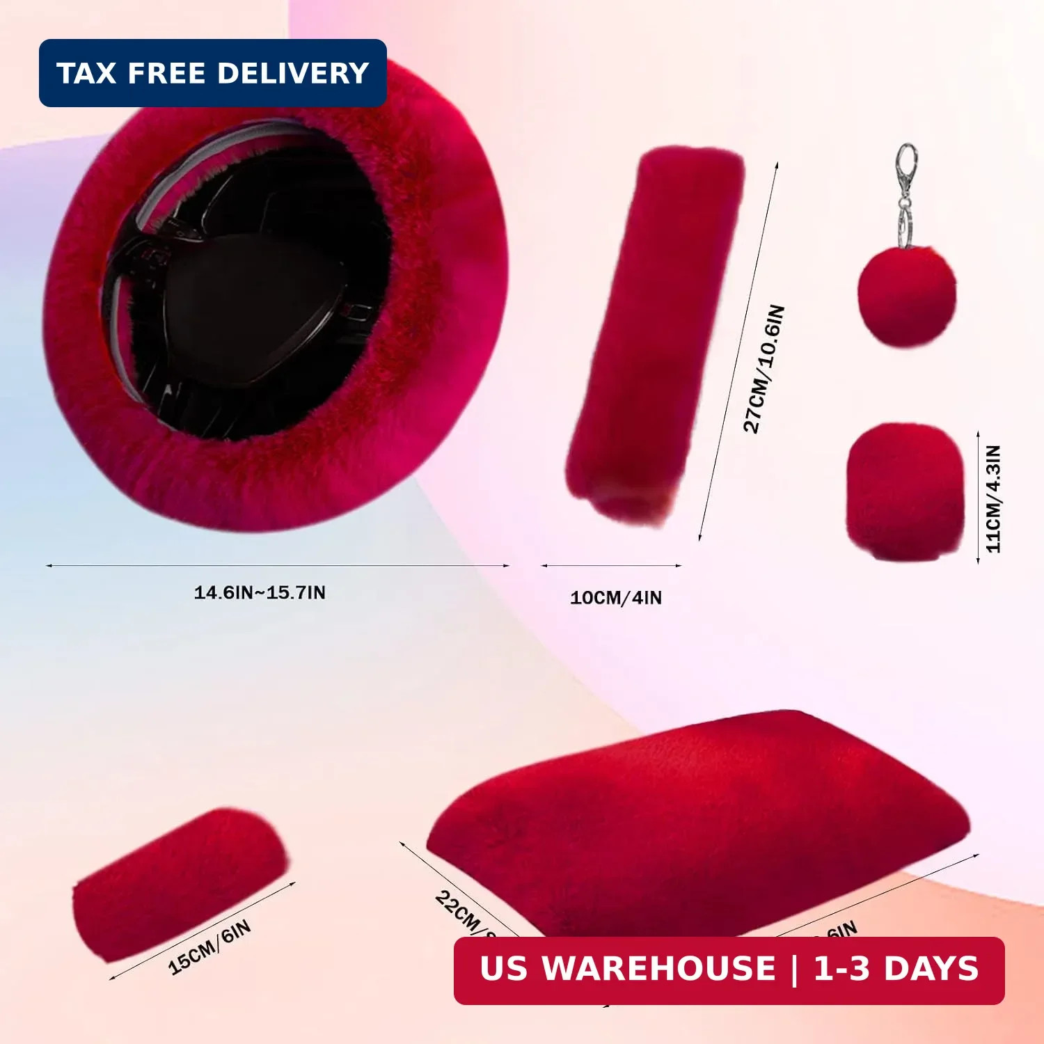 7PCS Set car Interior Aesthetic Accessories, Fluffy 15 inch Steering Wheel Cover