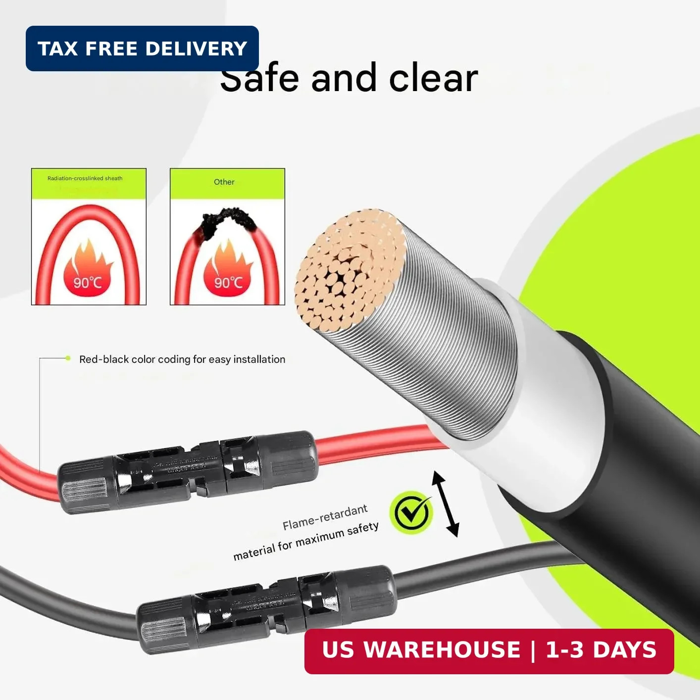 50Ft Solar Panels Extension Cables, 6mm² PV Cable with Male and Female Connector
