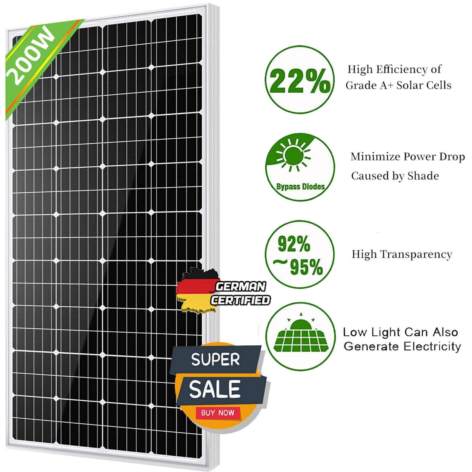 200W(Watt) Solar Panel12V Monocrystalline High Efficiency for RV Trailer Camper