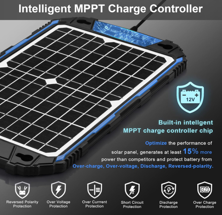 Waterproof 12W 12V Solar Battery Charger & Maintainer Pro, Built-in UltraSmart