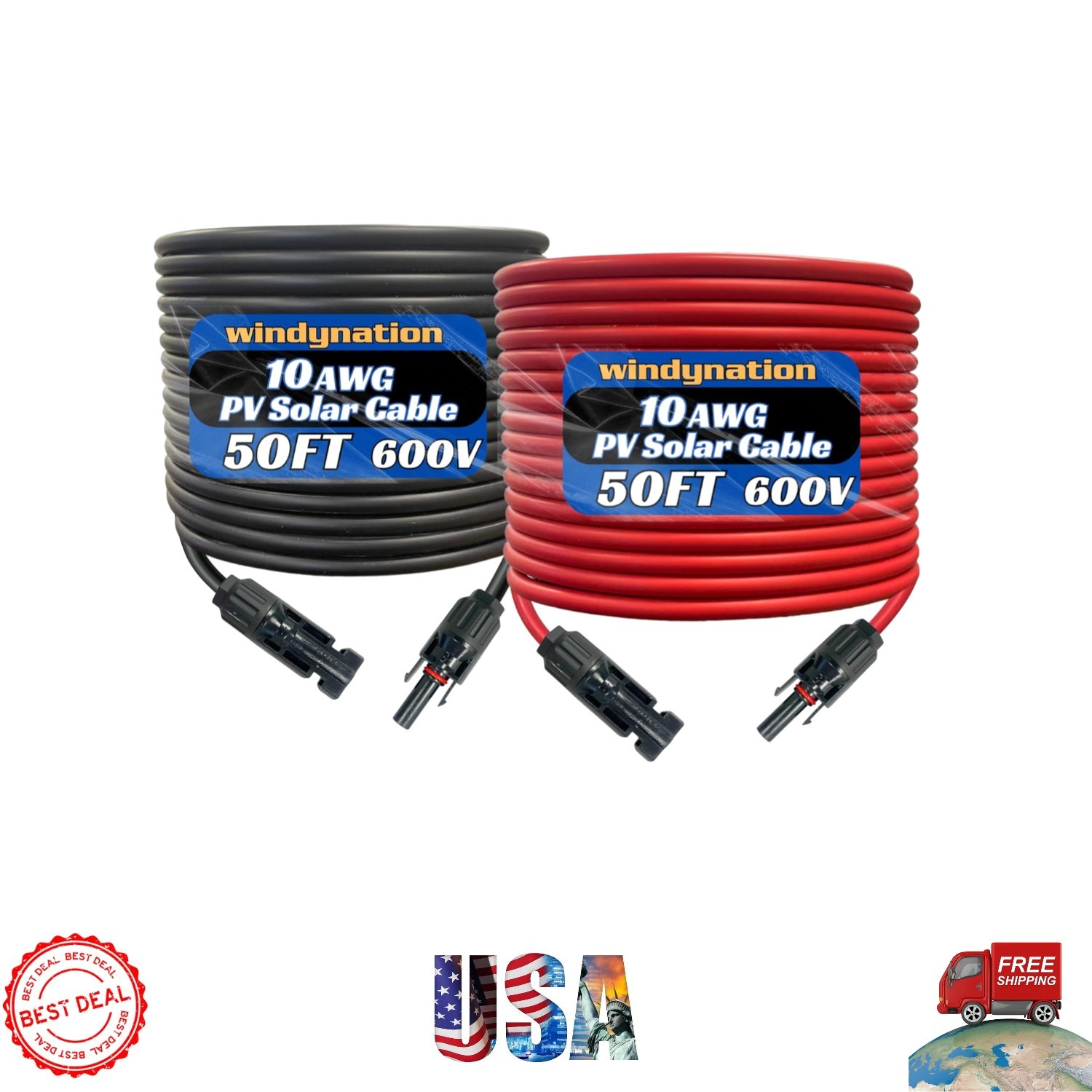 10 AWG Solar Extension Cable 100ft – Durable Black & Red PV Wire with Connectors