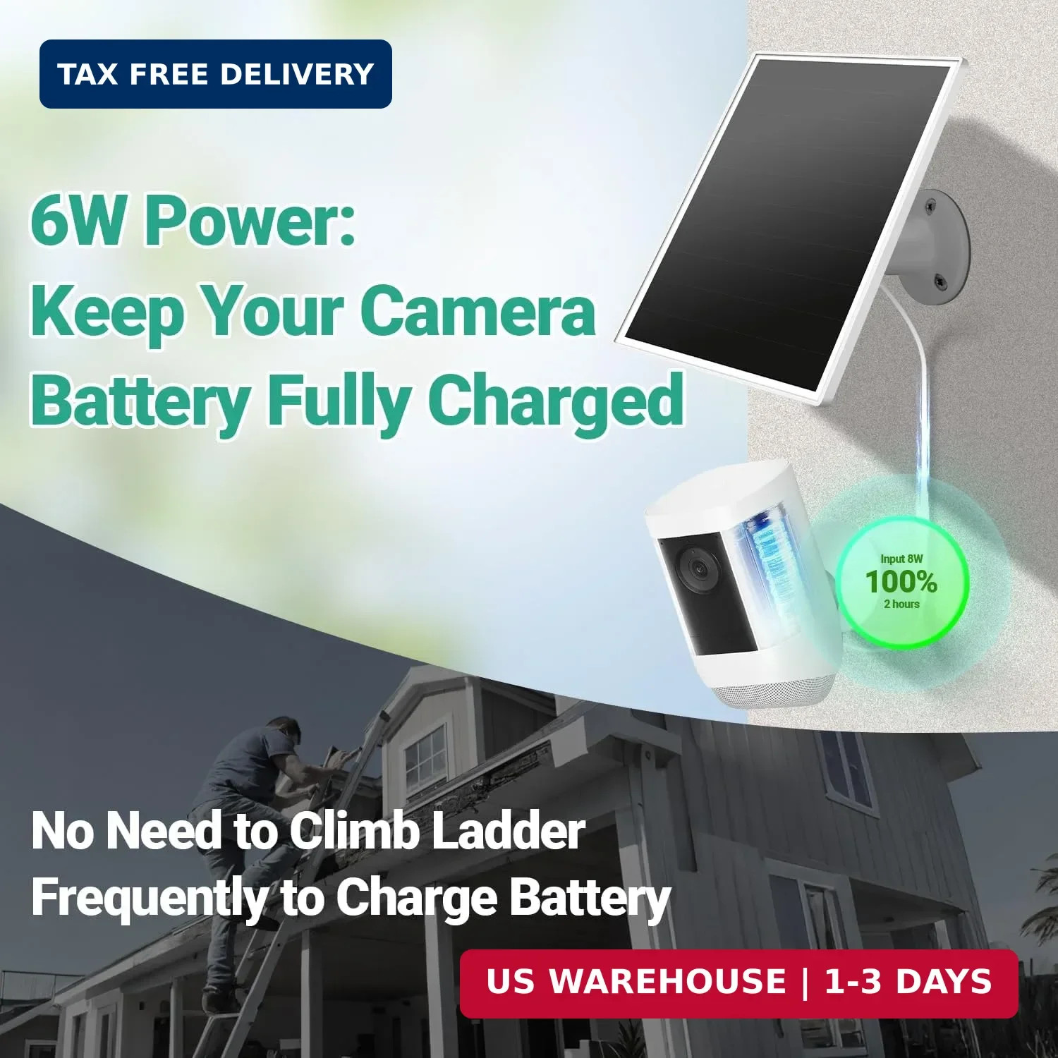 Solar Panel for Ring Camera, 6W Solar Charger with USB-C & Barrel Plug for Ring