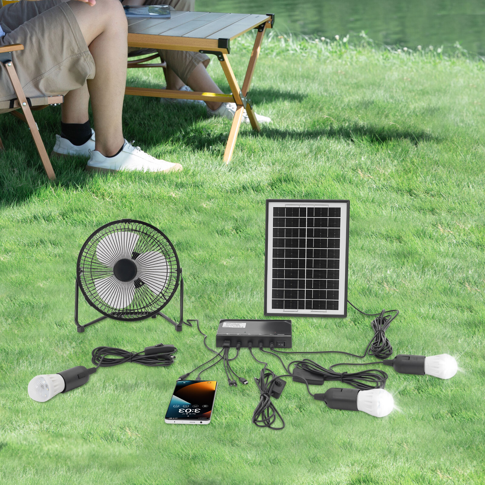 Solar Lighting & Fan Kit with 3 Bulbs USB Charging for Home Outdoor Camping