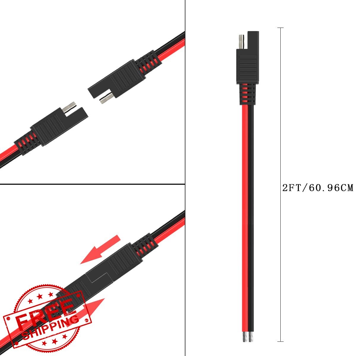 ELFCULB 16AWG 2FT SAE Extension Cable 2pk