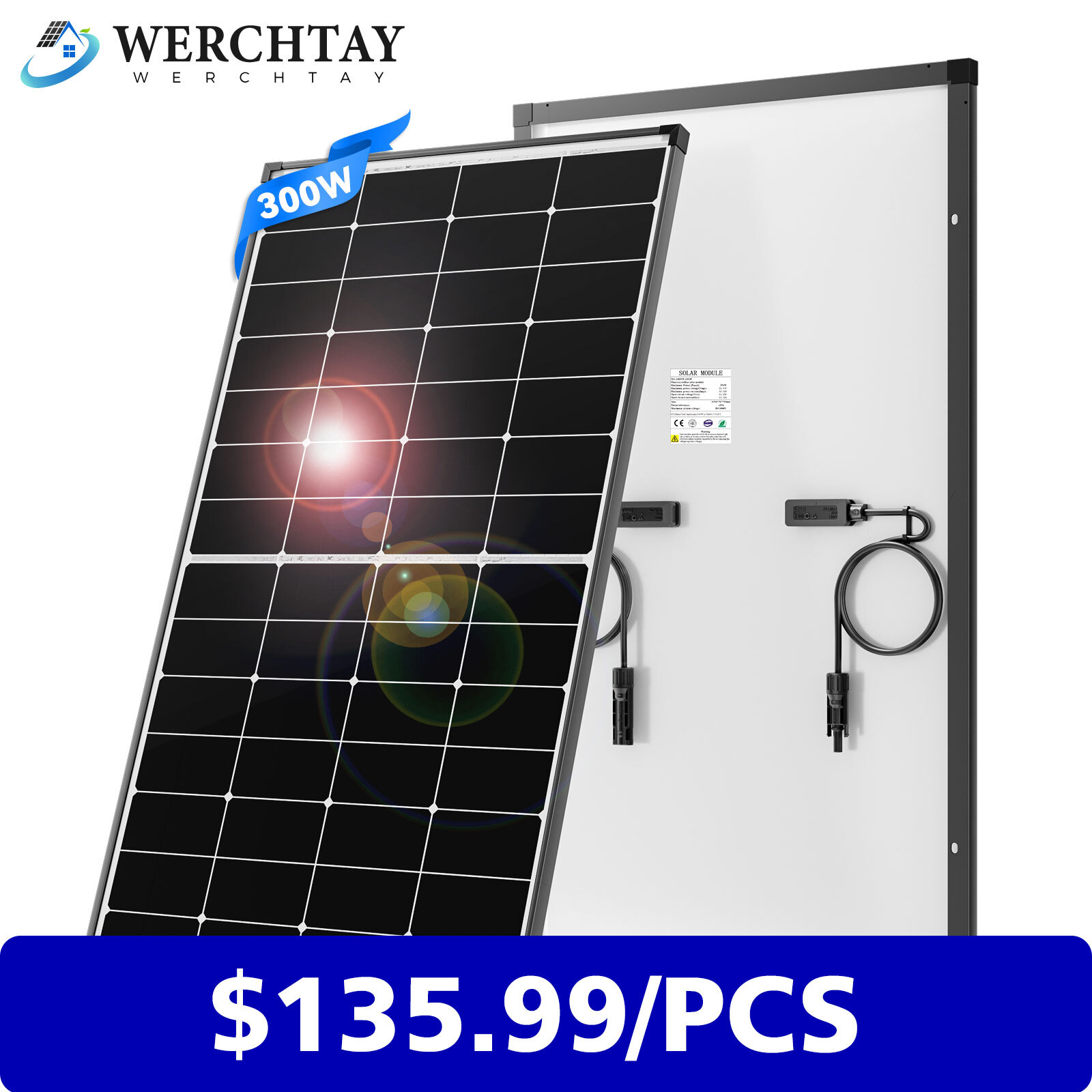 300W 12V Monocrystalline Solar Panel RV Home Camping Off Grid Caravan Boat Power