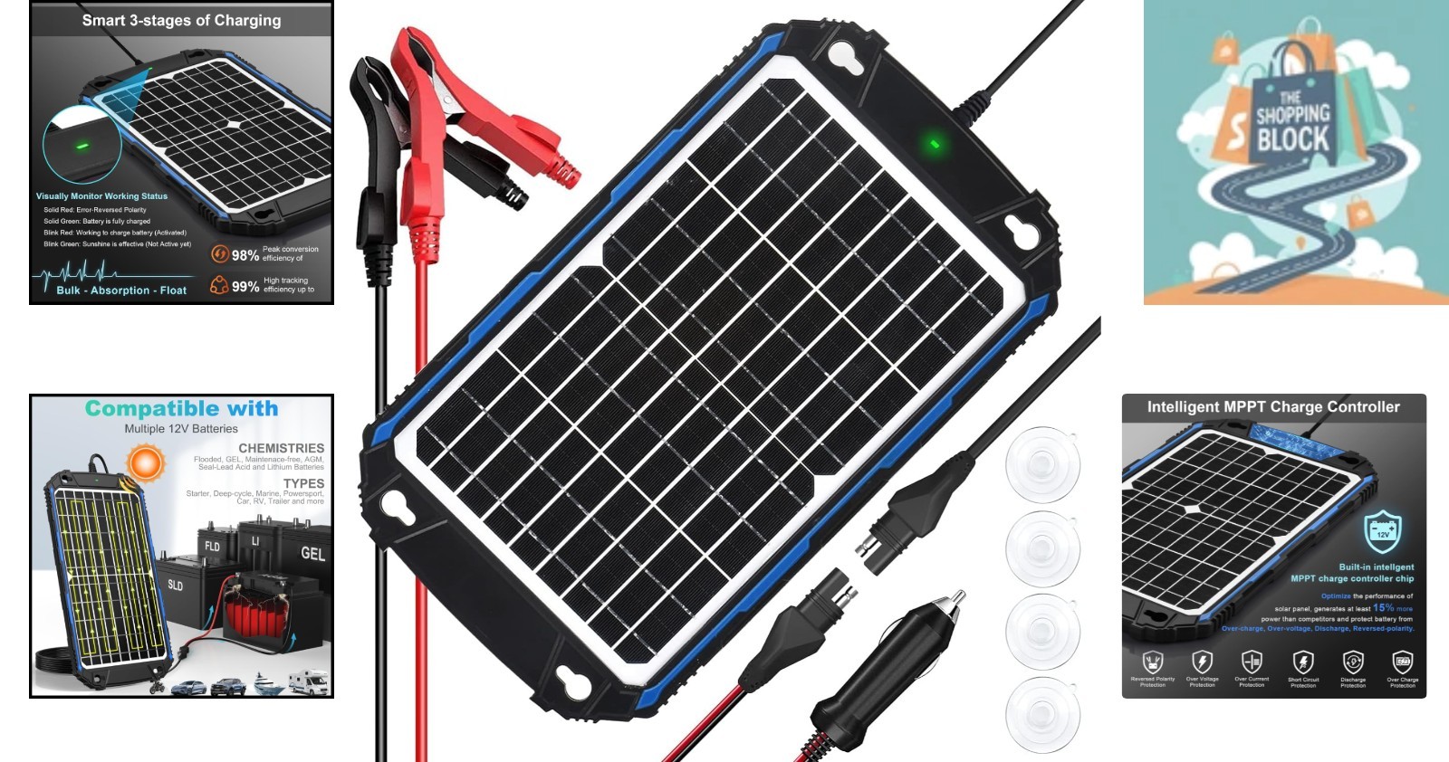 Navy Blue 12W 12V Waterproof Solar Battery Charger with MPPT Controller