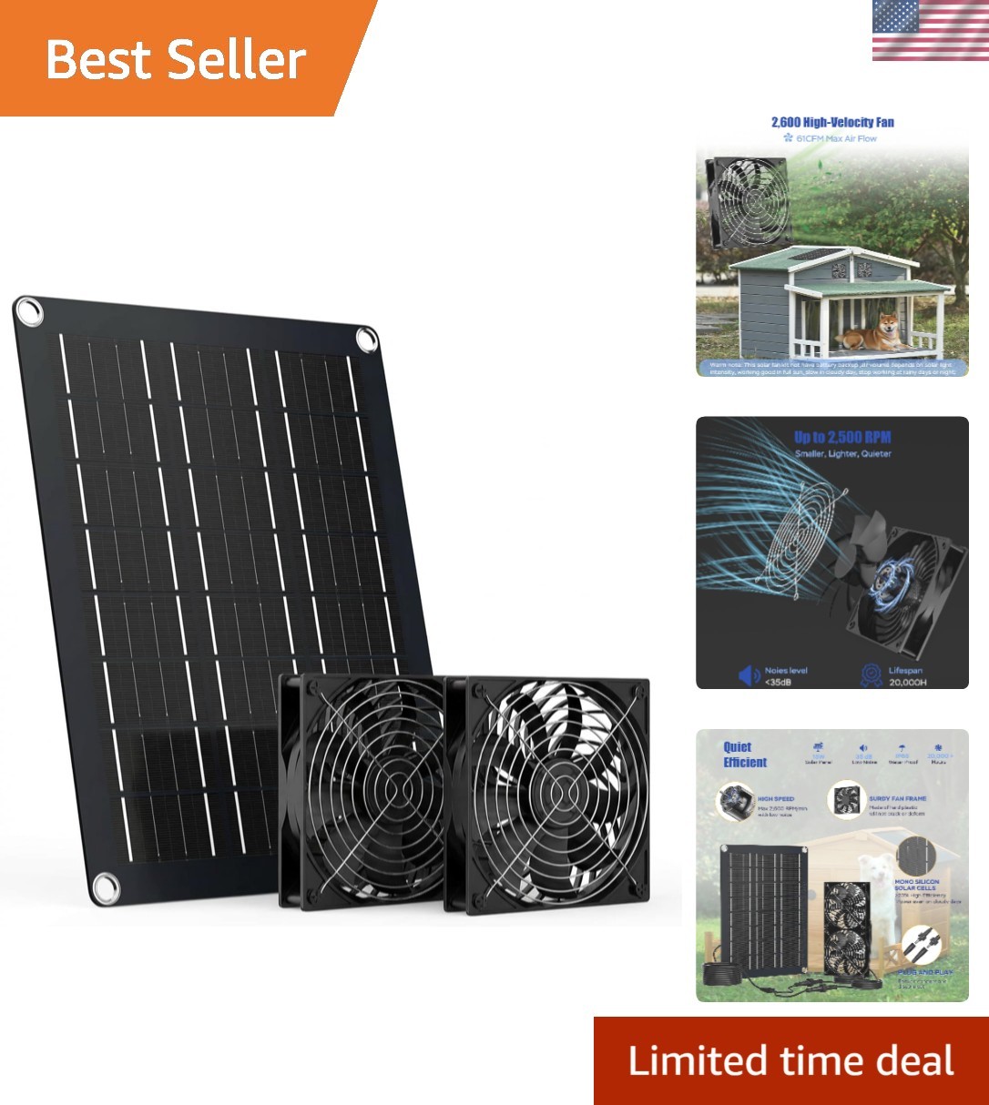 High-Efficiency 15W Solar Fan Kit with Two Durable Waterproof Fans & 13 Ft Cable