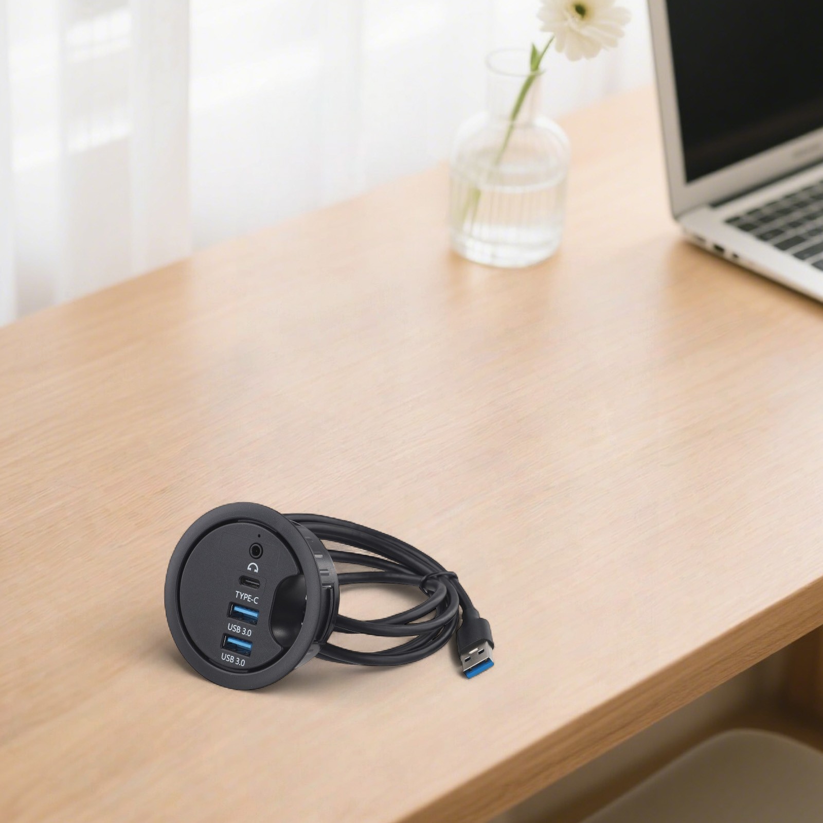 USB 3 0 Hub Desk Grommet with Dual Port Audio Interface for PC Laptops