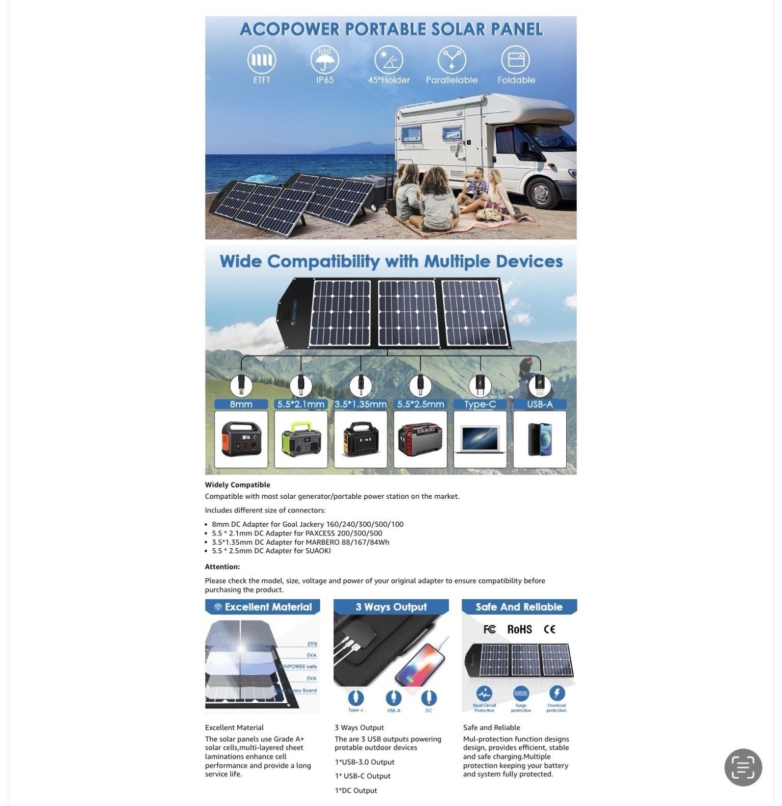 AcoPower 120 Watt Foldable Portable Solar Panel W/ProteusX Charge Controller