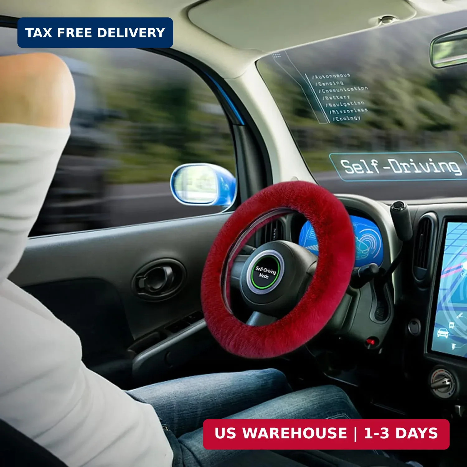 7PCS Set car Interior Aesthetic Accessories, Fluffy 15 inch Steering Wheel Cover