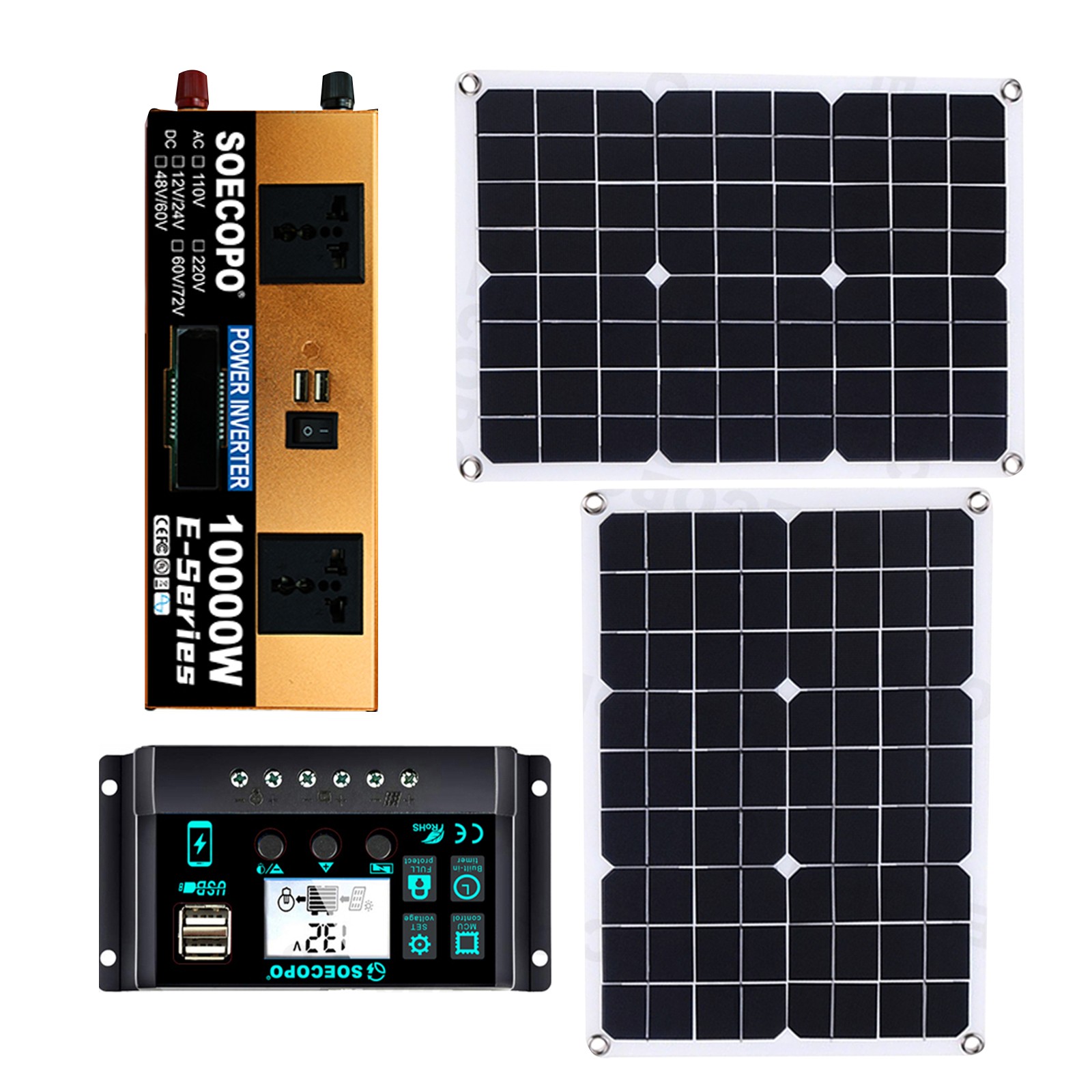 10000W Solar Kit Inverter 12V24V-110V/220V + 2pcs Solar Panels + Controller 100A