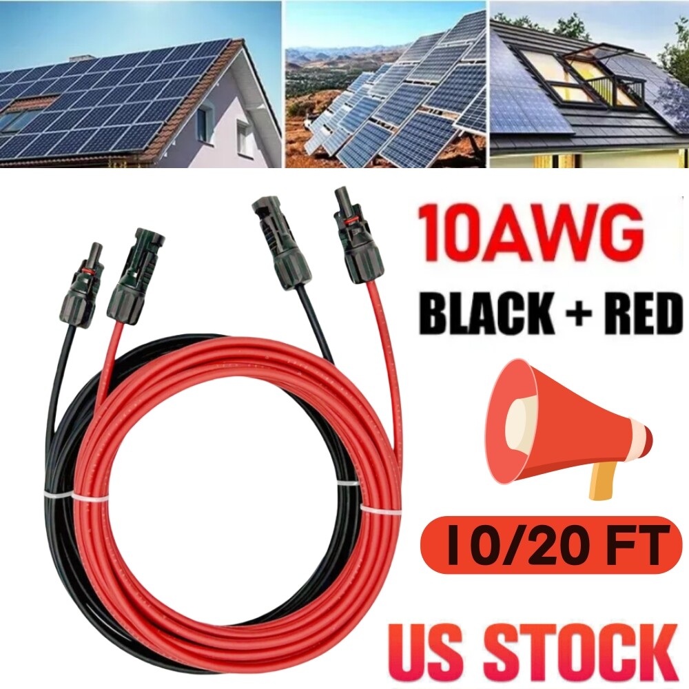 10 AWG Solar Panel Extension Cable PV Wire Solar Connectors Pair Black Red 6mm²