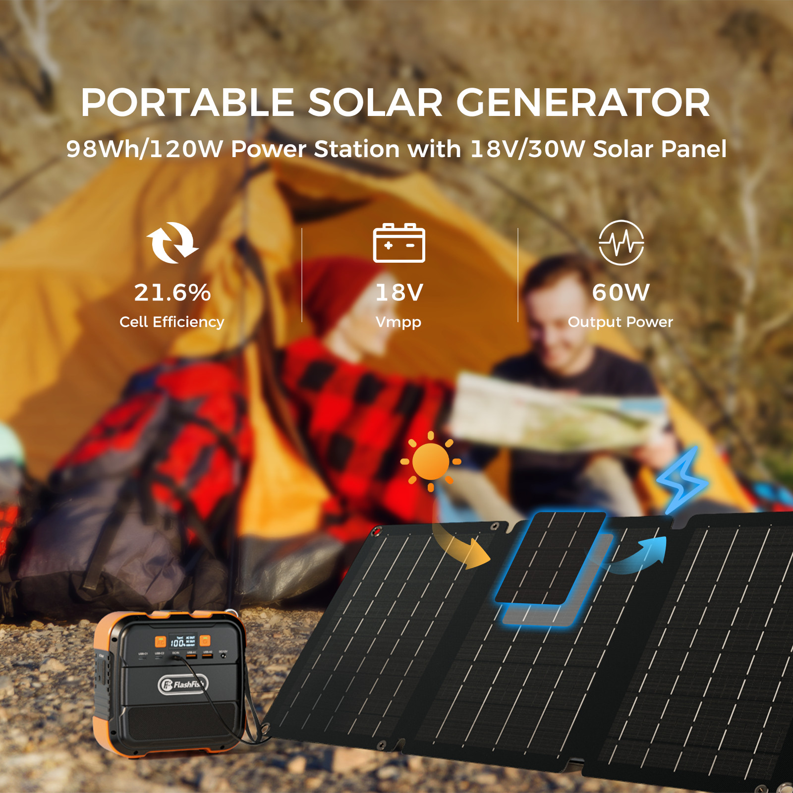 18V Solar Charger Portable Solar Panel 30W for Outdoor Camping