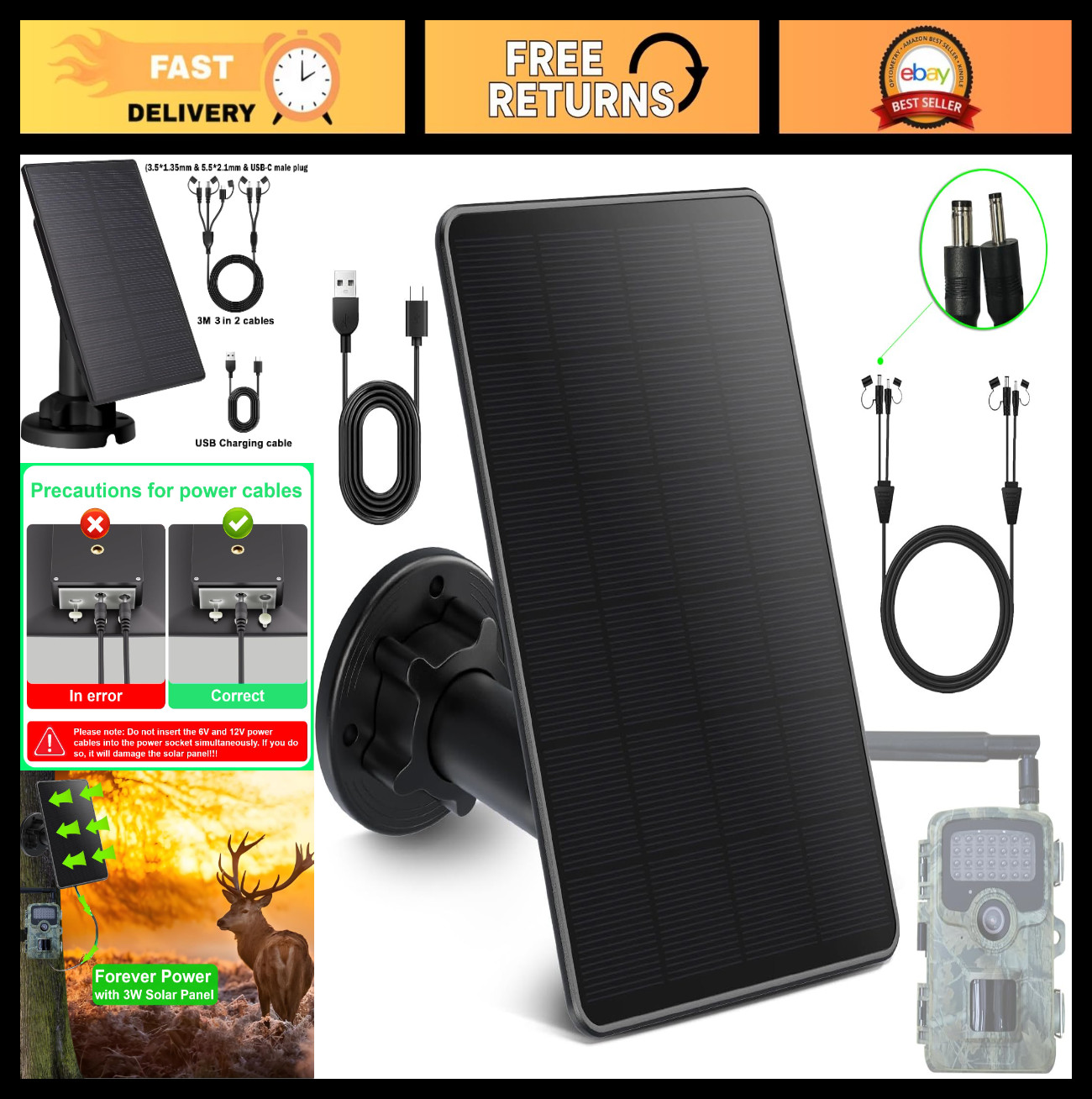 Solar Panel for Trail Camera, 5000mAh Rechargeable Battery, IP66 Waterproof, 10f