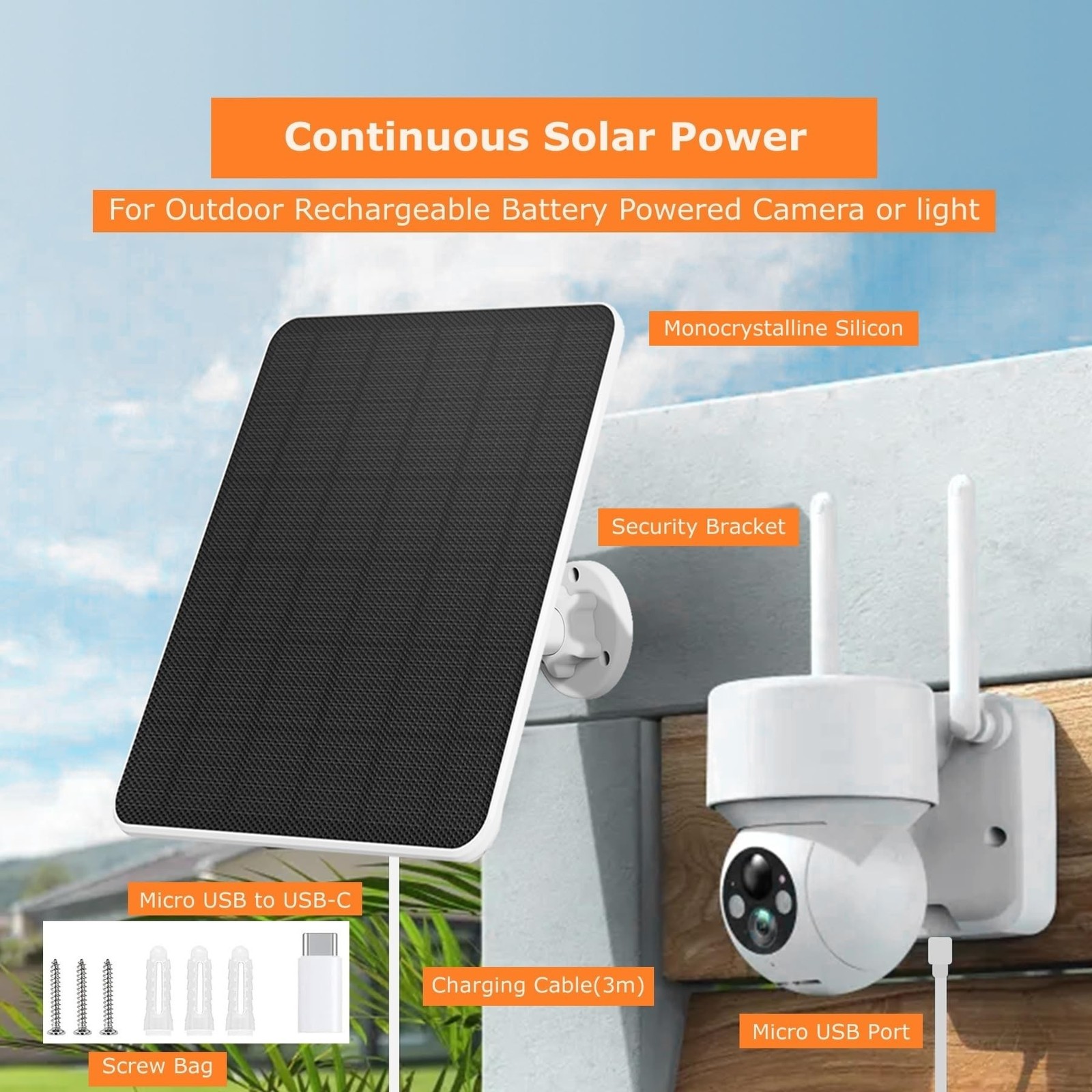 Solar Panel for Security Camera, 6W Solar Panel Micro USB & USB-C for Outdoor…