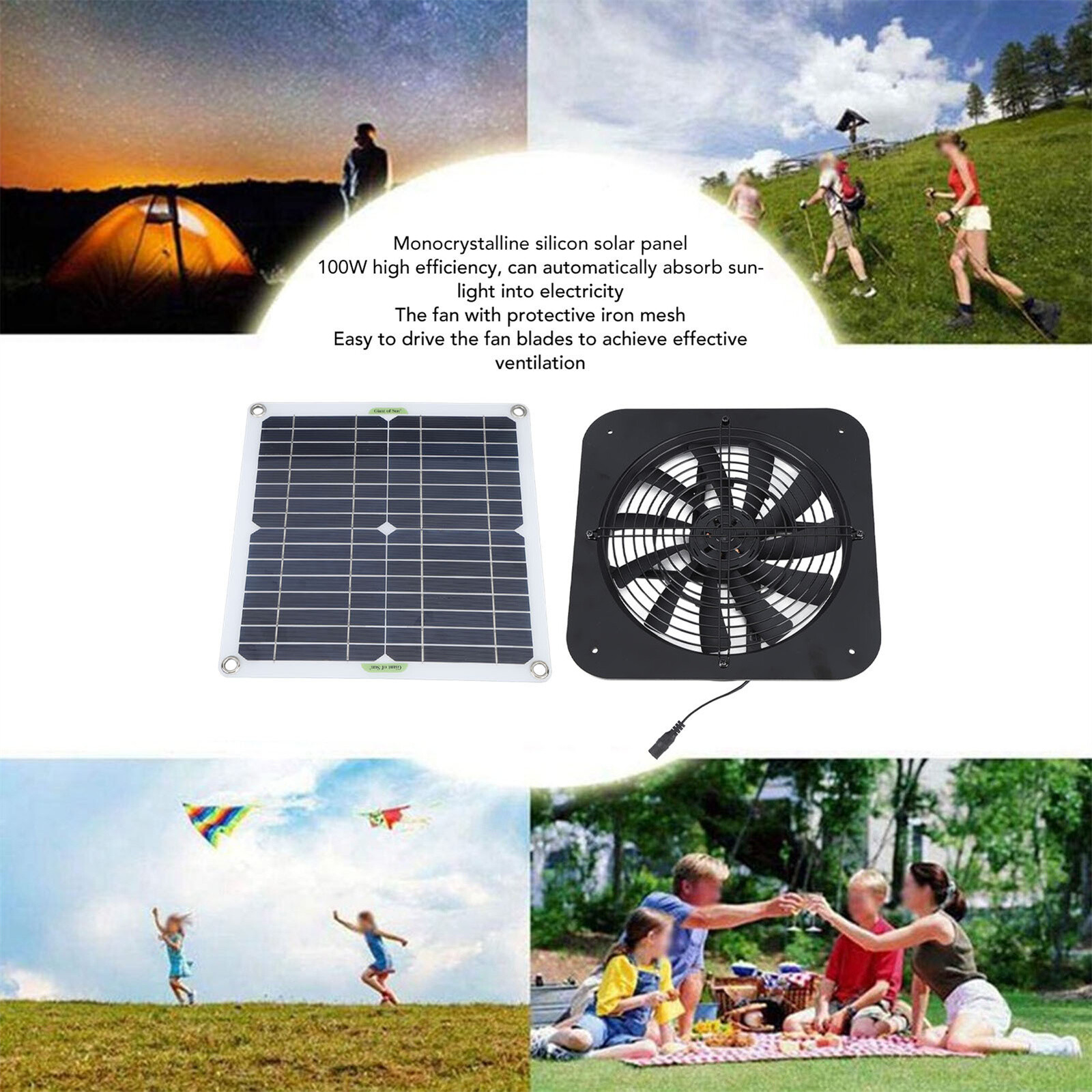 13in Solar Power Fan W/Solar Panel For Room Attic Kitchen Pet Cage Ventilation