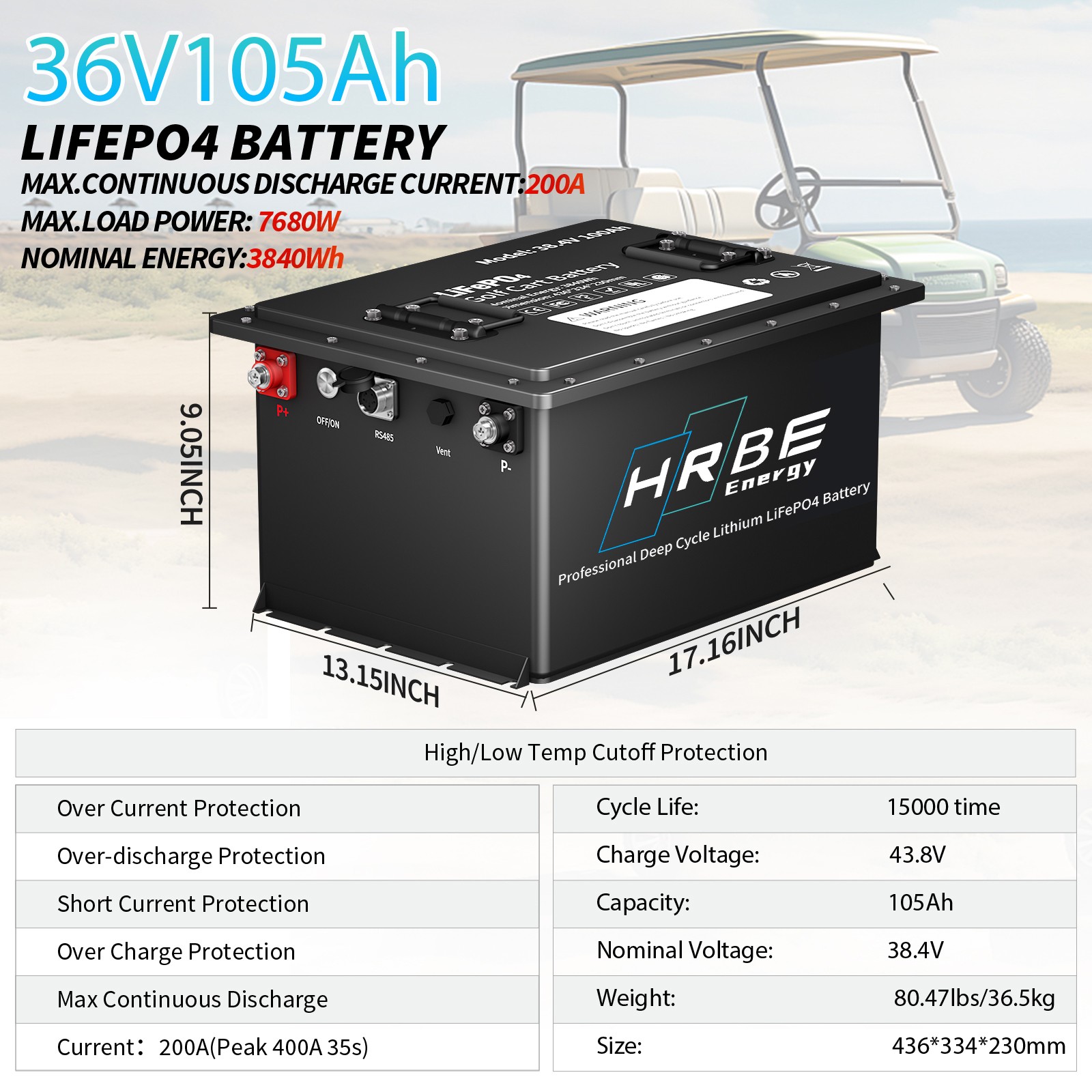 36V 105Ah Golf Cart LiFePO4 Lithium Battery 200A BMS A+Cells with 20A Charger