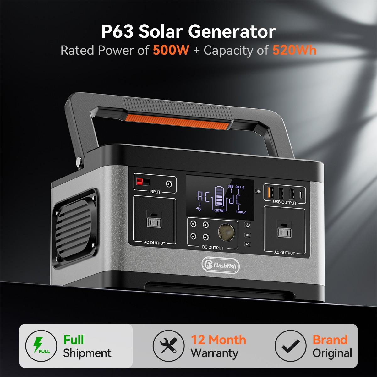 Flashfish P63 Portable Power Station 520Wh 500W Solar Generator Refurbished