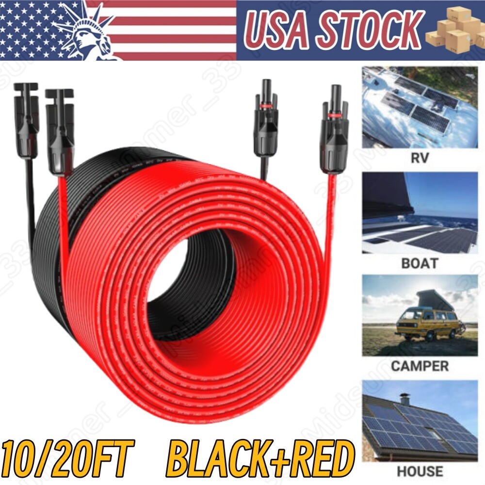 10 AWG Solar Panel Extension Cable PV Wire Solar Connectors Pair Black Red 6mm²