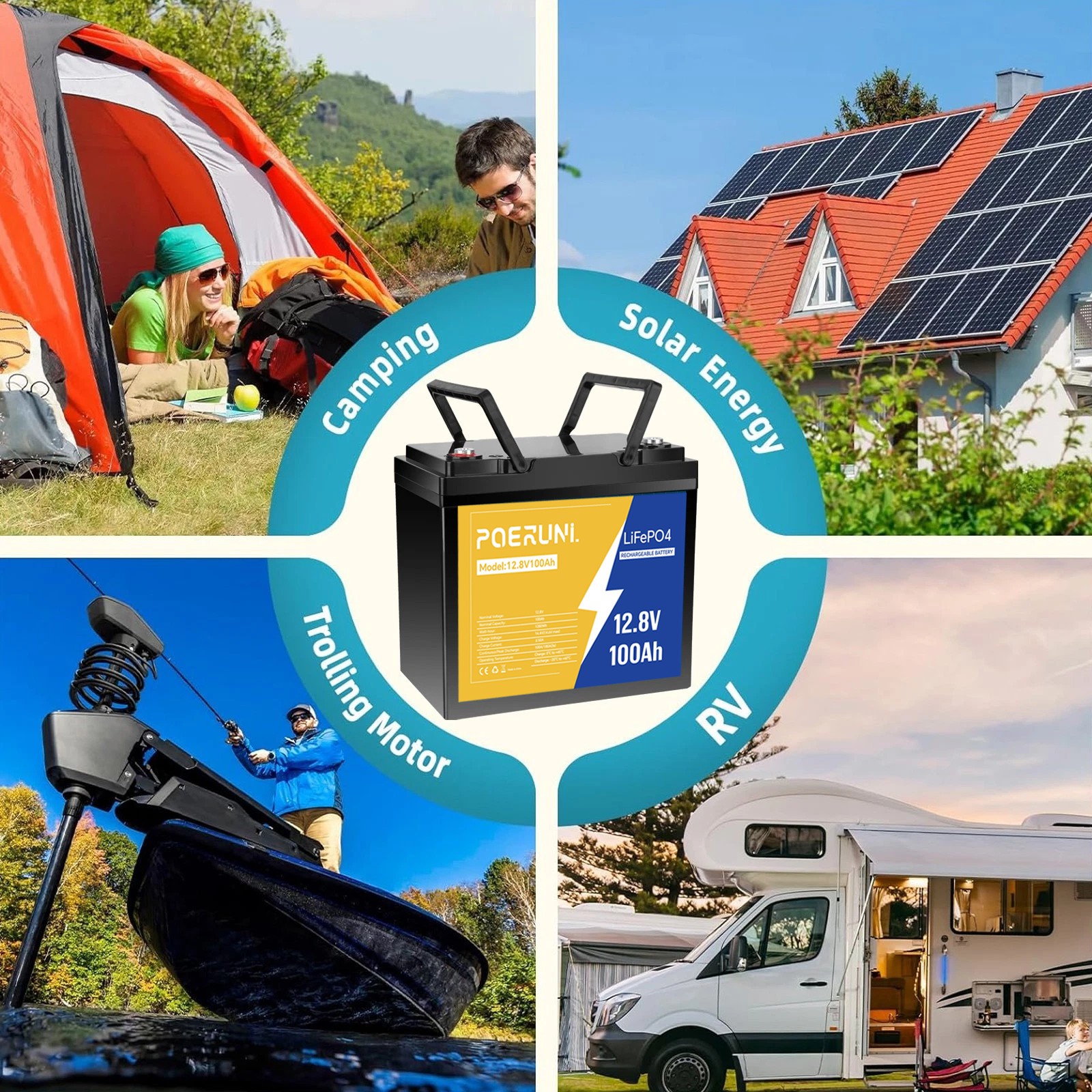 POERUNI 12V 100Ah Lithium LiFePO4 Battery for Deep Cycle RV Marine Off-Grid NEW