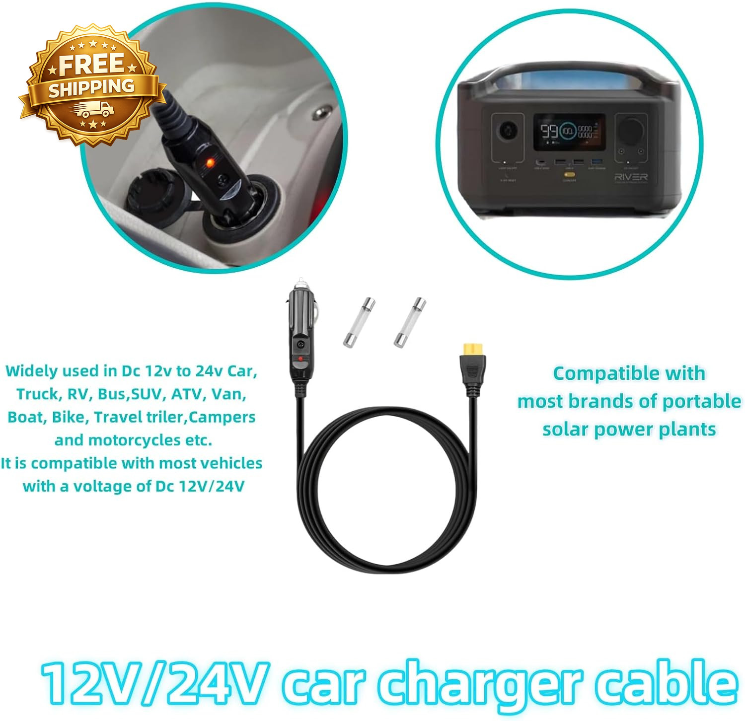 6.8FT Portable12V/24V Car Charger Suitable Compatible Ecoflow Delta/River Bluett