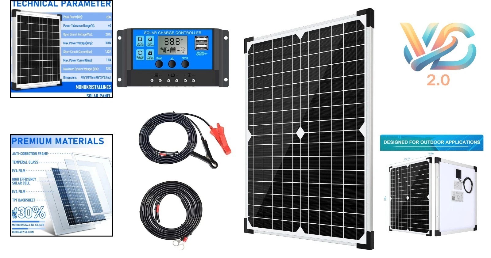 20W 12V Monocrystalline Solar Panel Kit with Charge Controller & Cables for R…
