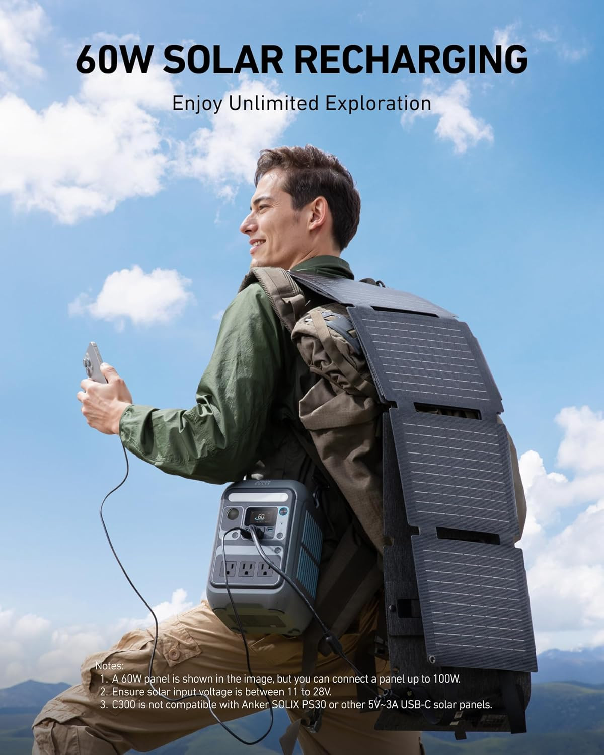 Solar Generator SOLIX C300 with 60W Solar Panel, 288Wh Portable Power Station, 3