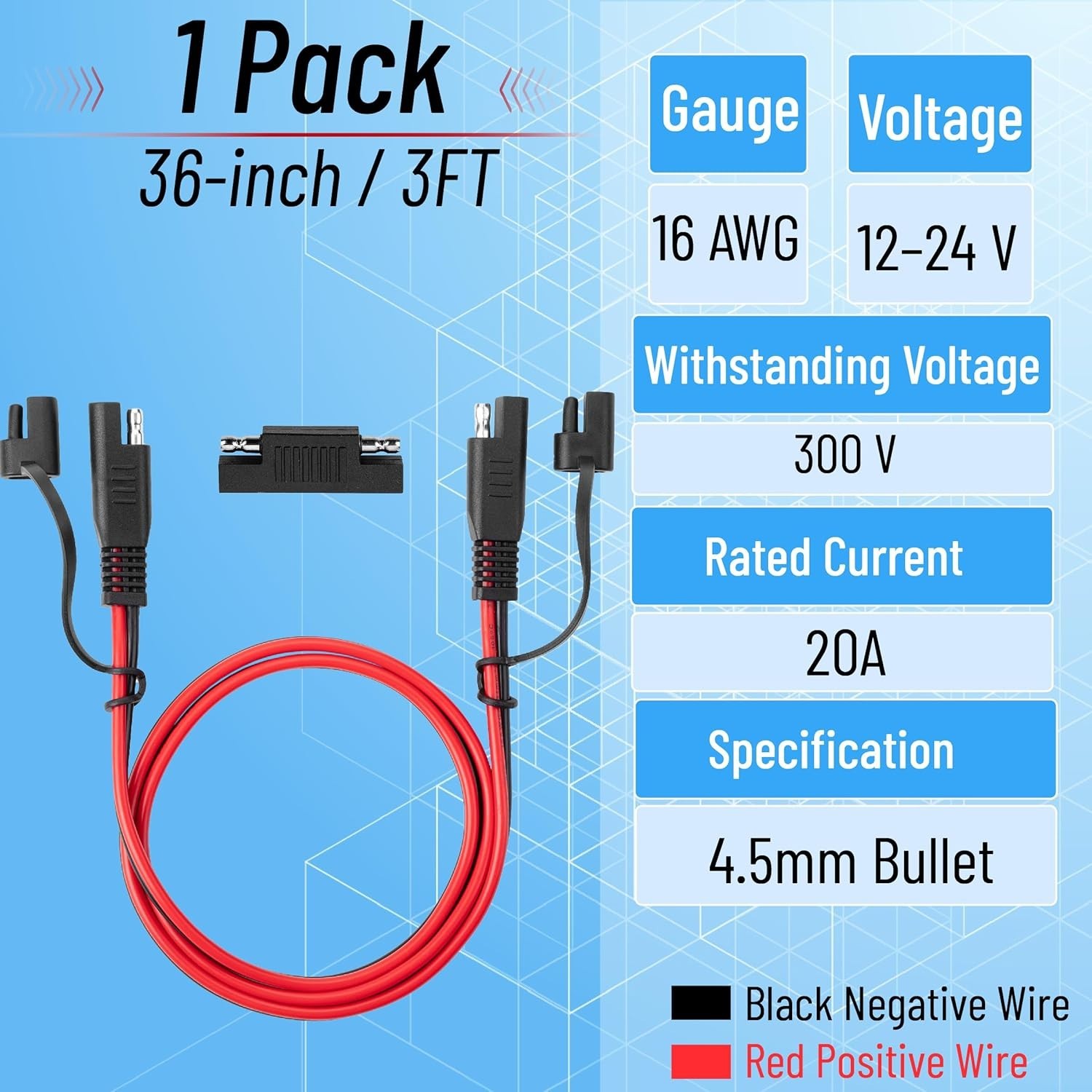 Bates 3FT SAE Extension Cable, 16 AWG, Quick Connect for Solar & Battery Use