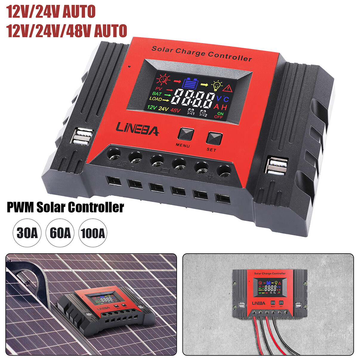 12V/24V/36V/48V 30-100A PWM Solar Charge Controller Panel Battery Regulator 4USB