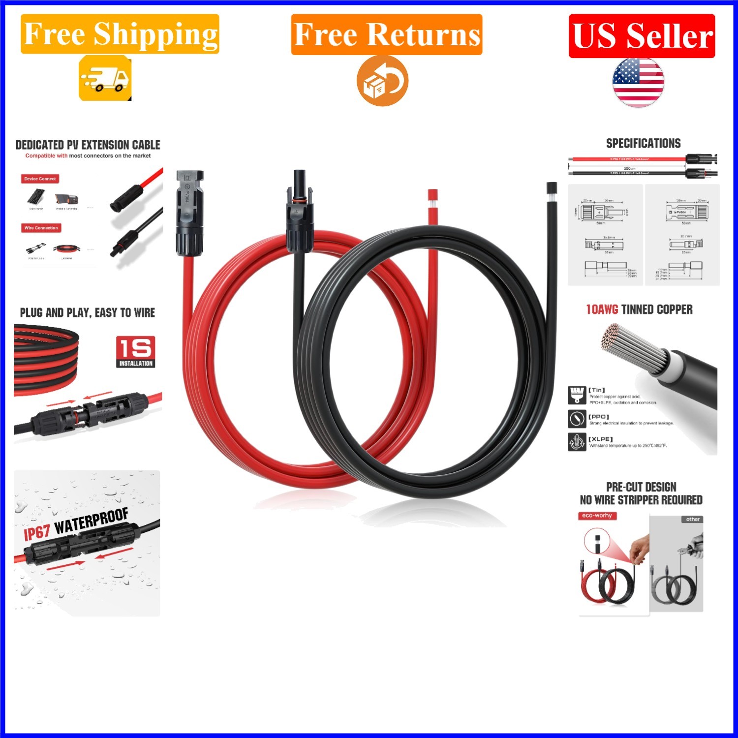 10ft 30A Solar Extension Cable, Waterproof, Mc4 Connectors