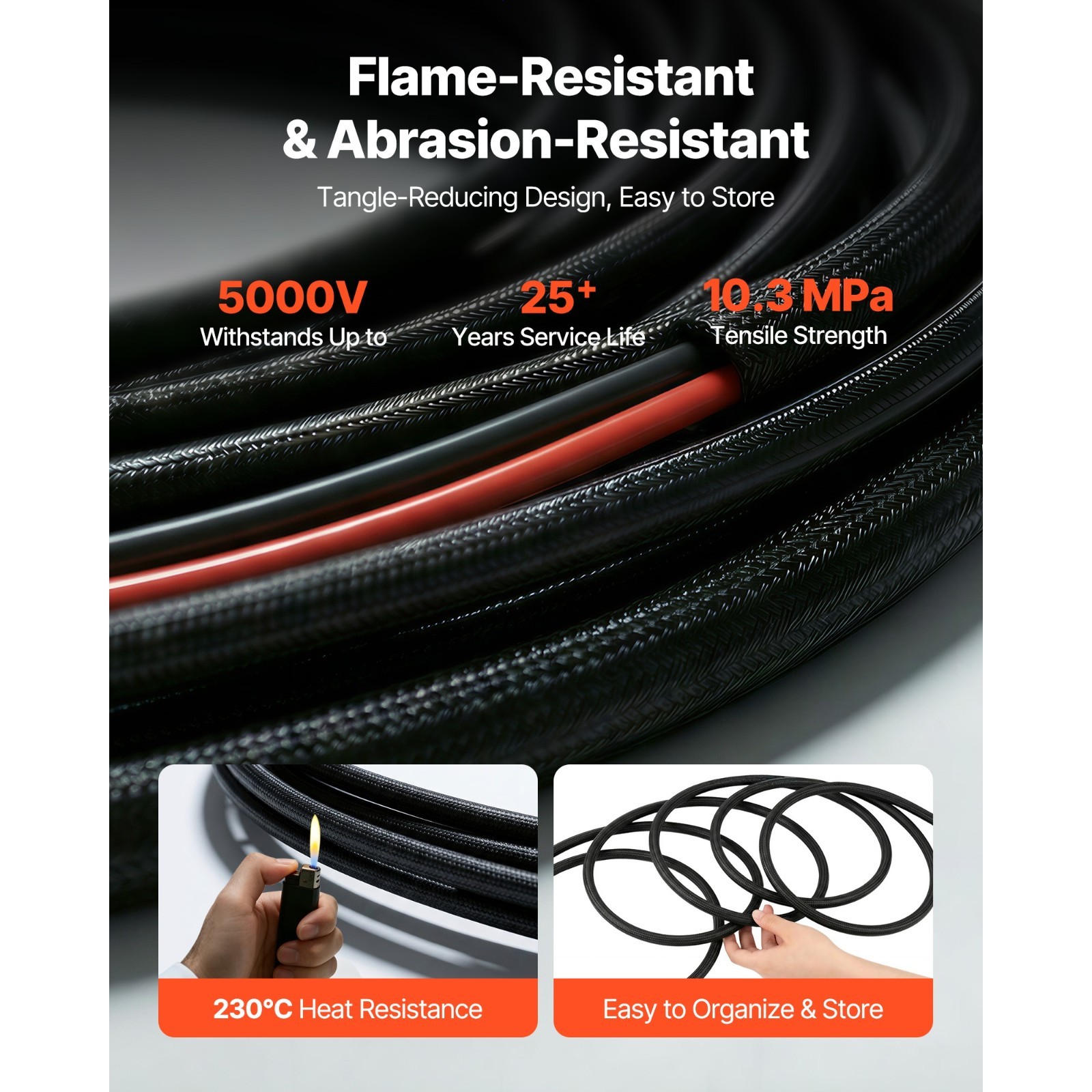 50FT Solar Panel Extension Cable, 10 AWG, Durable Wire, Flame-Resistant Sleeve