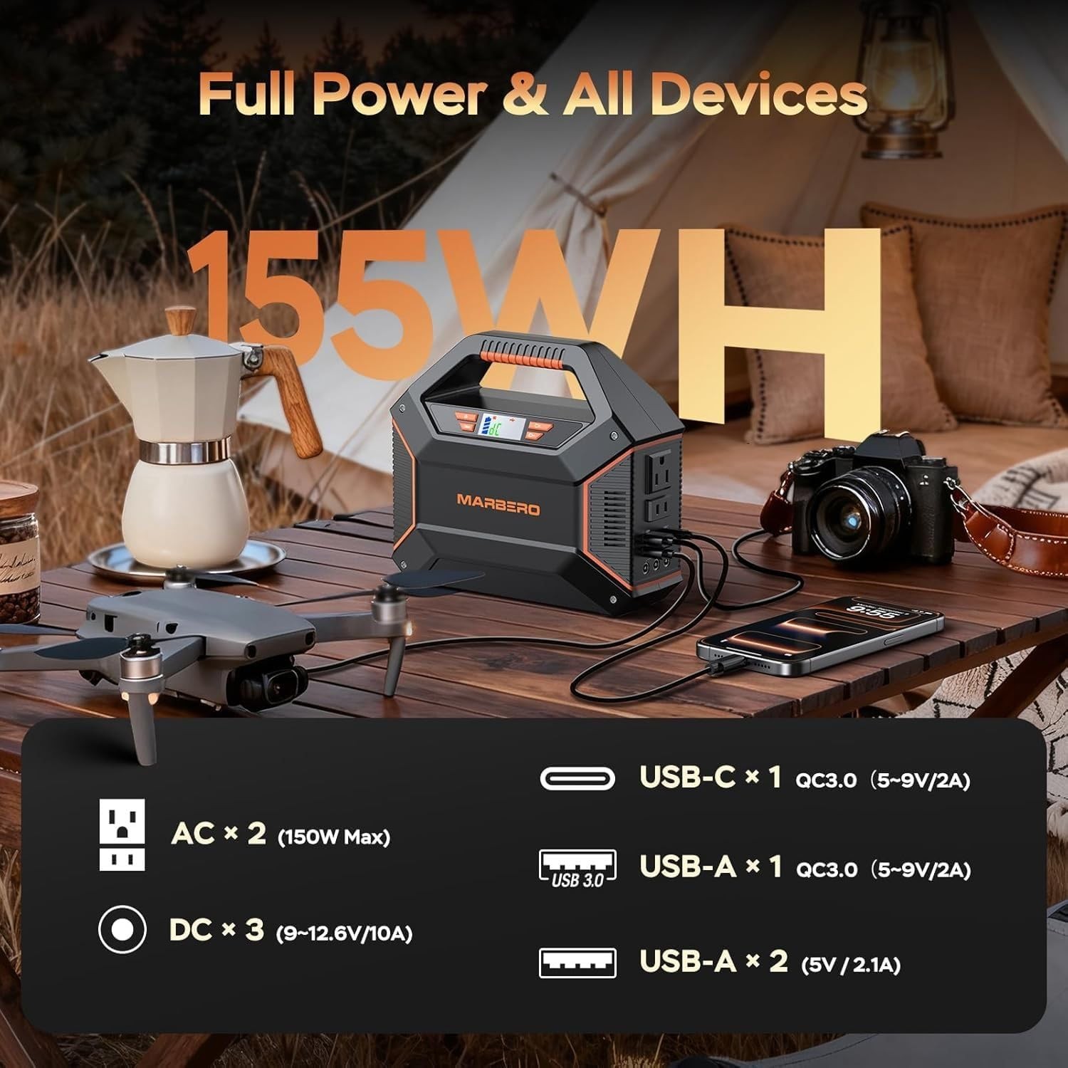 MARBERO 155Wh Solar Generator Panel Included 30W Portable Power Station