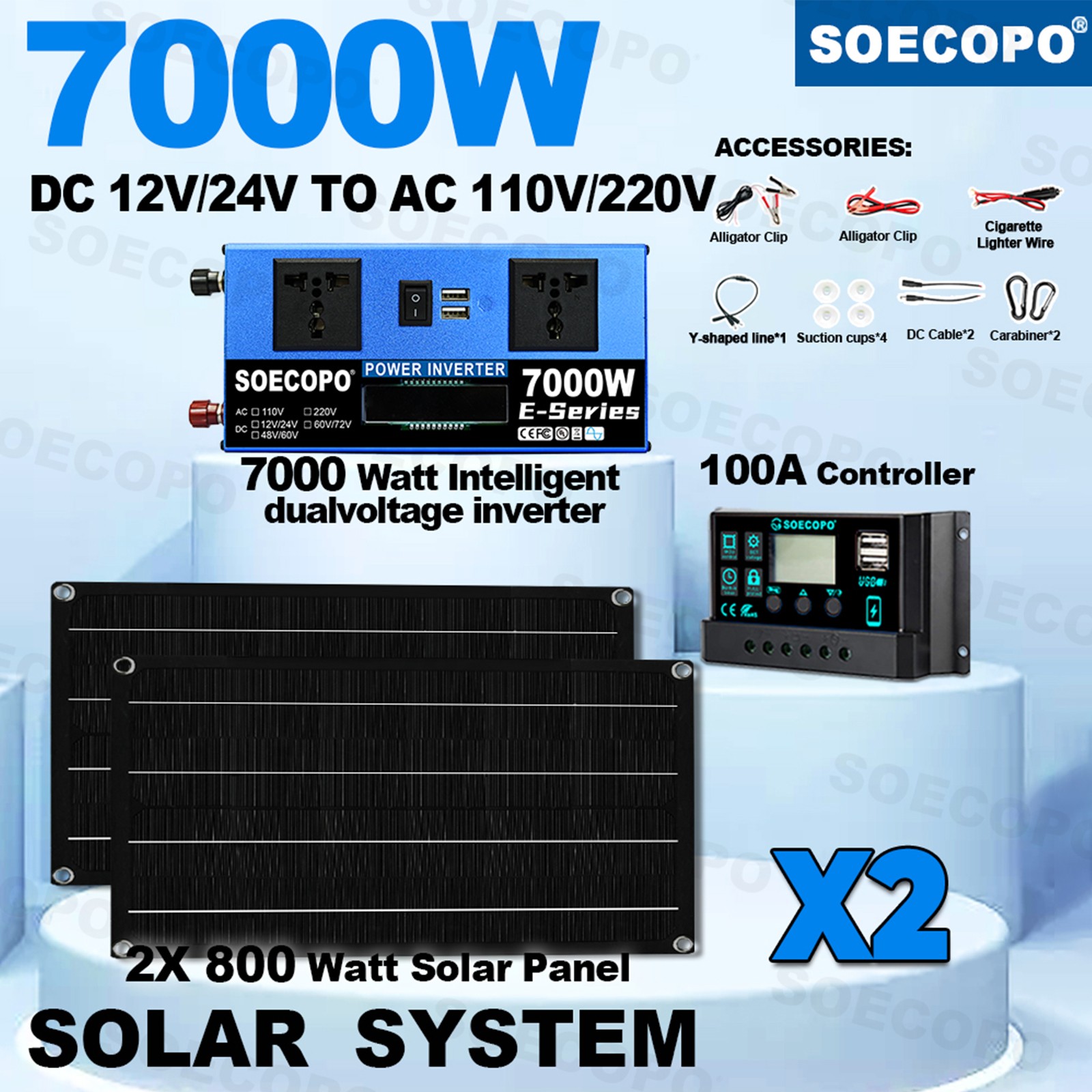 7000W Solar Kit | Sine Wave Inverter+2High-Conversion Solar Panels+100A Charger