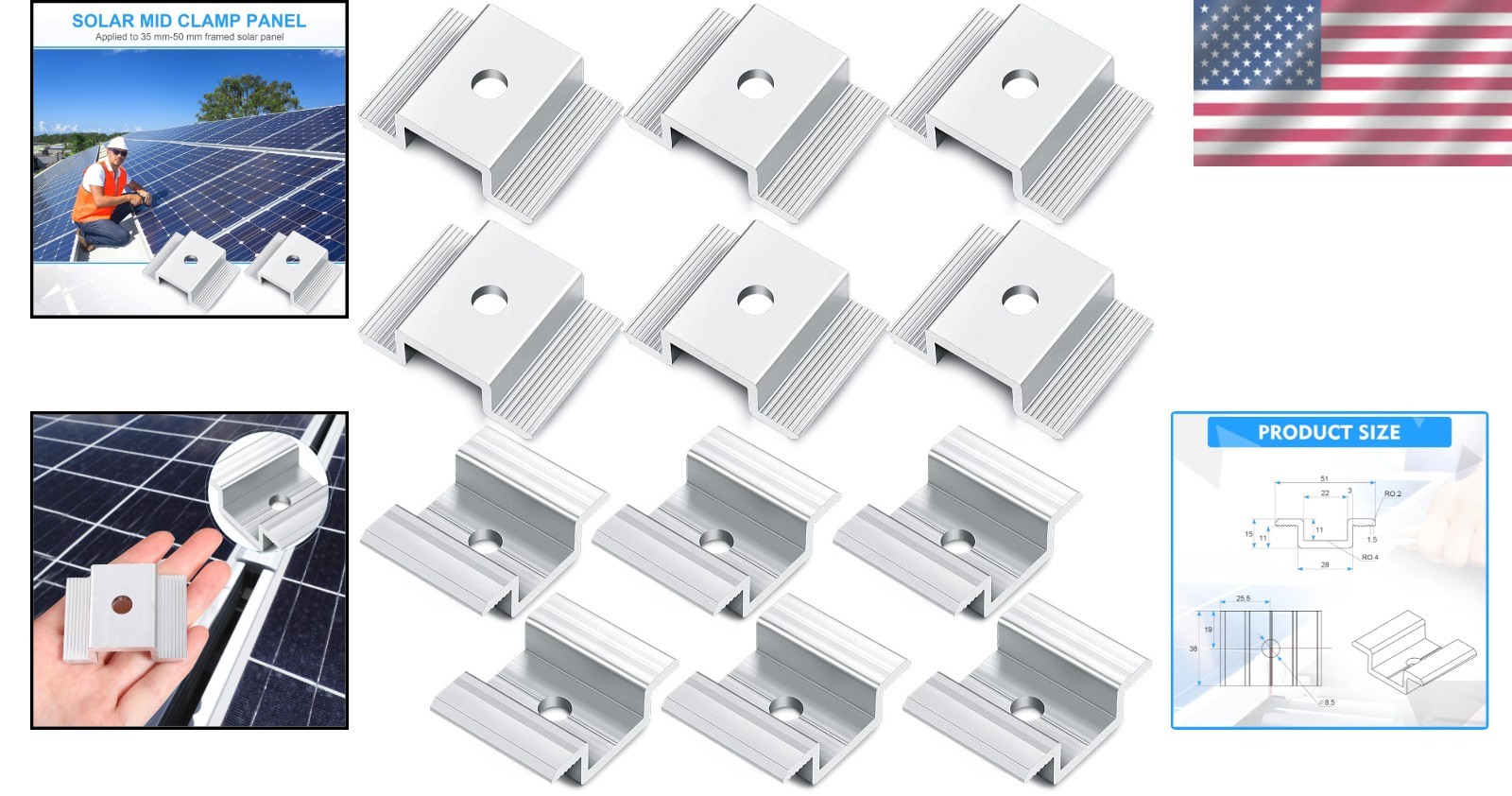 Durable Solar Panel Mid Clamps – 1.06 Inch for Easy Installation, Set of 12