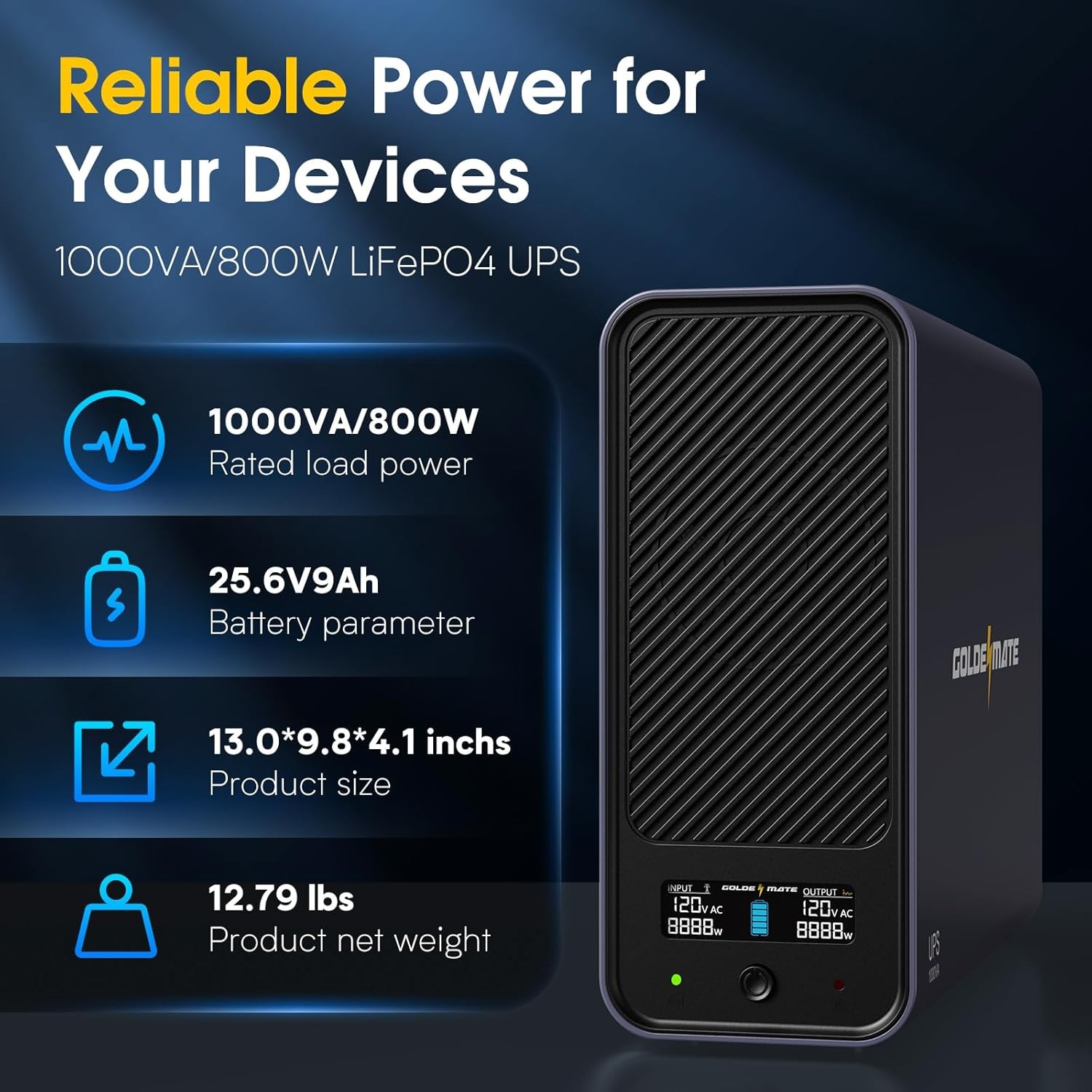 Goldenmate UPS 800W LiFePO4 Battery Pure Sine Wave Automatic Shutdown for NAS/PC
